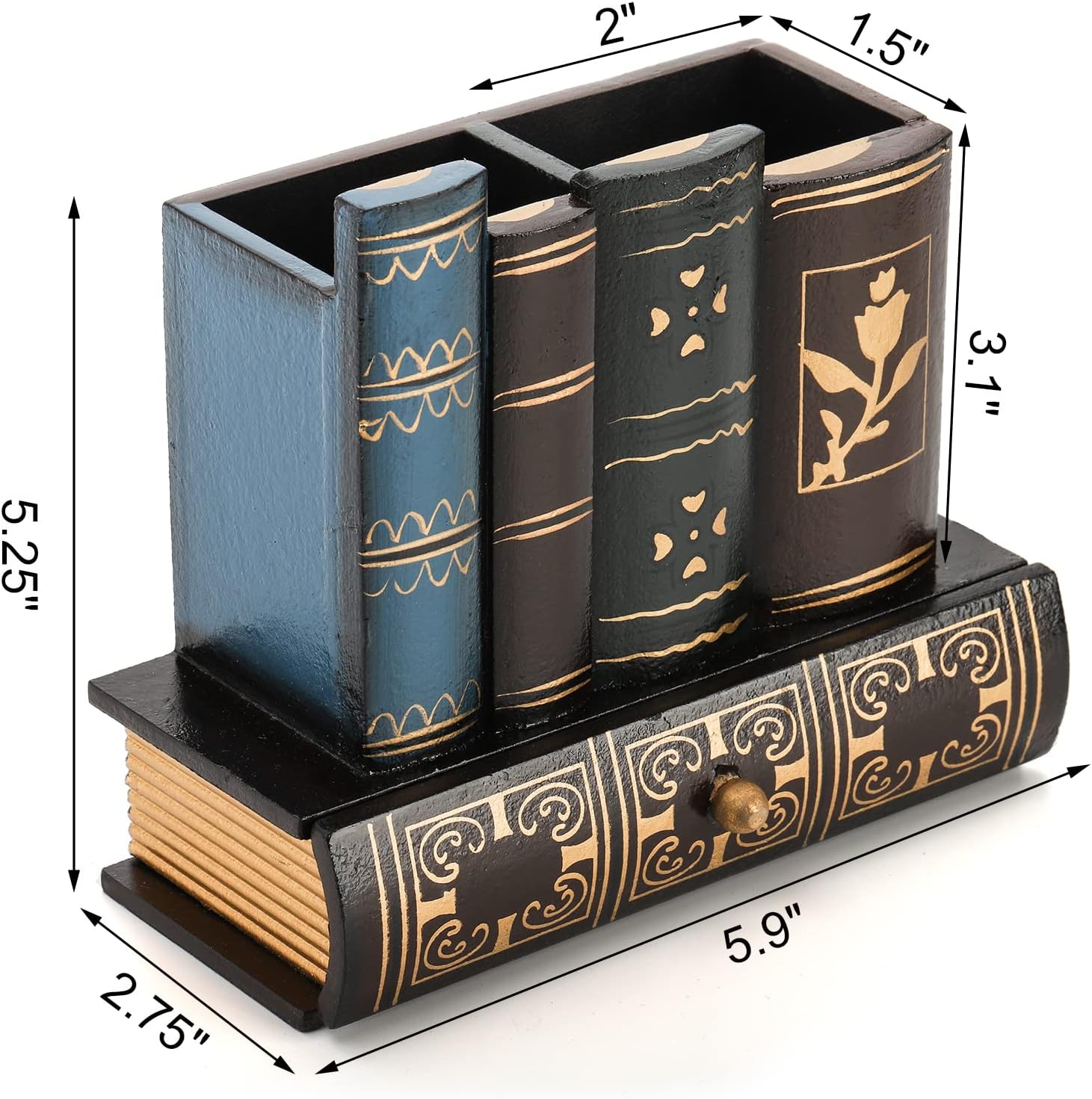 Tosnail Soporte decorativo para bolígrafos con cajón de almacenamiento, organizador de lápices de madera, organizador de libros de biblioteca