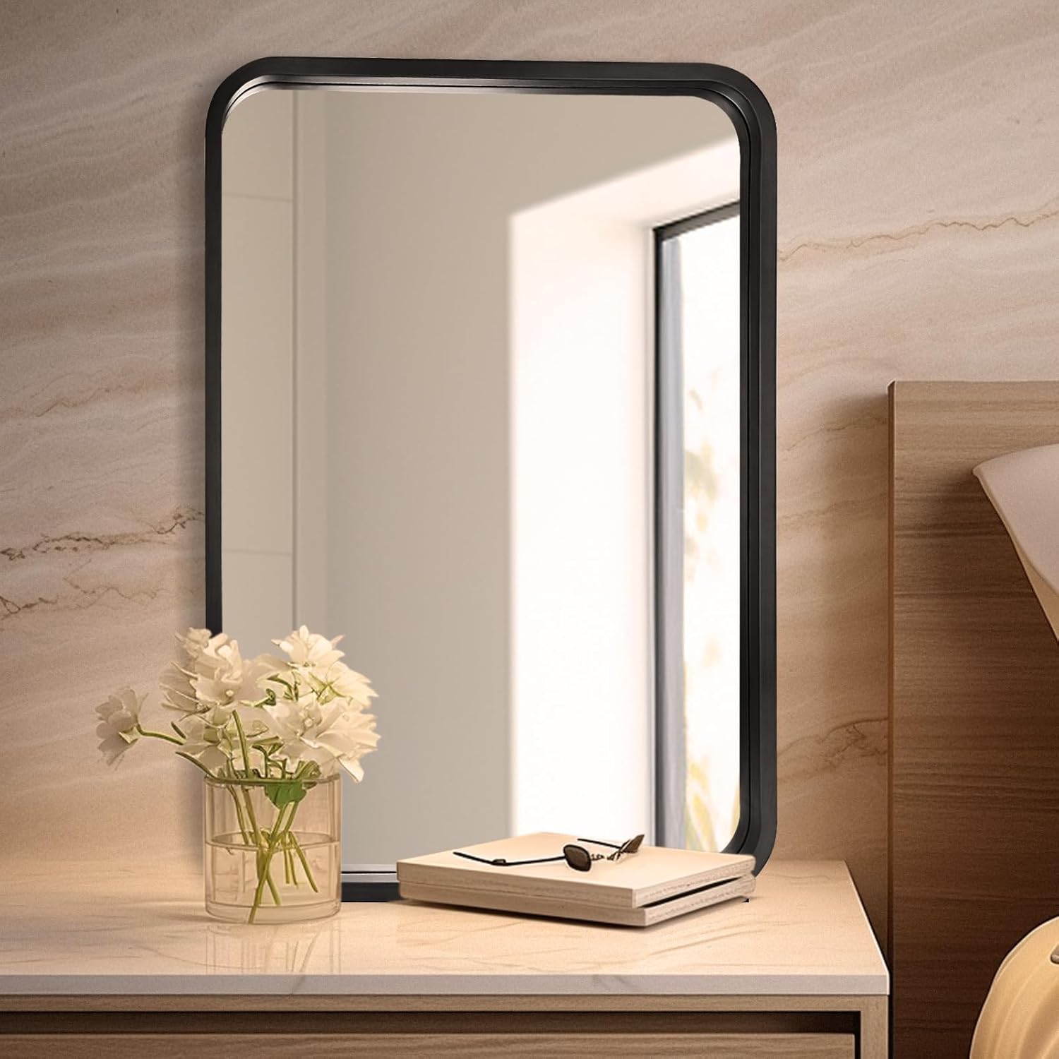 WallBeyond Espejo de madera de 20 x 30 pulgadas para baño, espejo de pared con marco de madera, espejo rectangular montado en la pared para tocador
