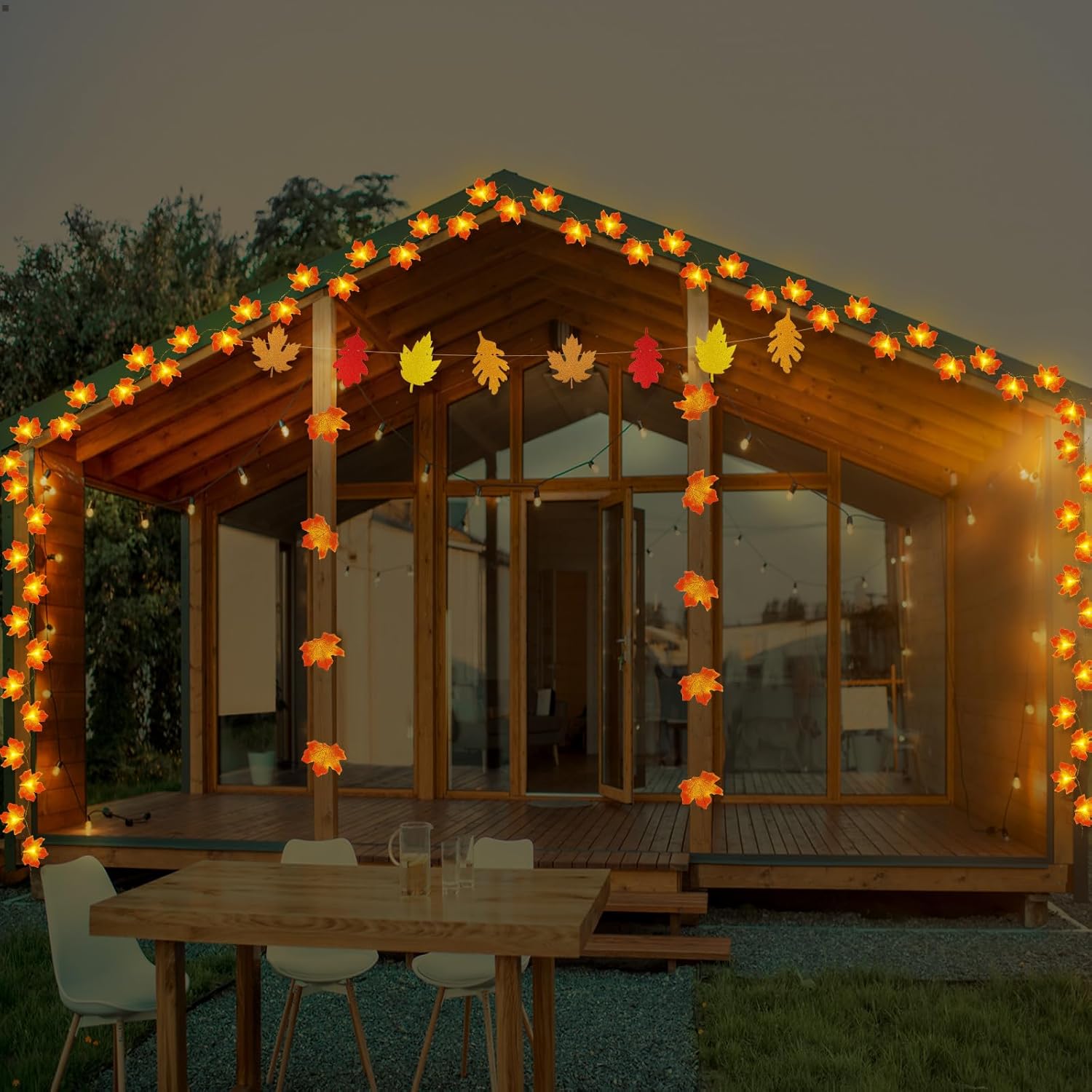 Decoraciones de otoño, guirnalda de oropel con purpurina de 33 pies y 40 luces LED de hojas de arce, hojas de arce artificiales para bodas,