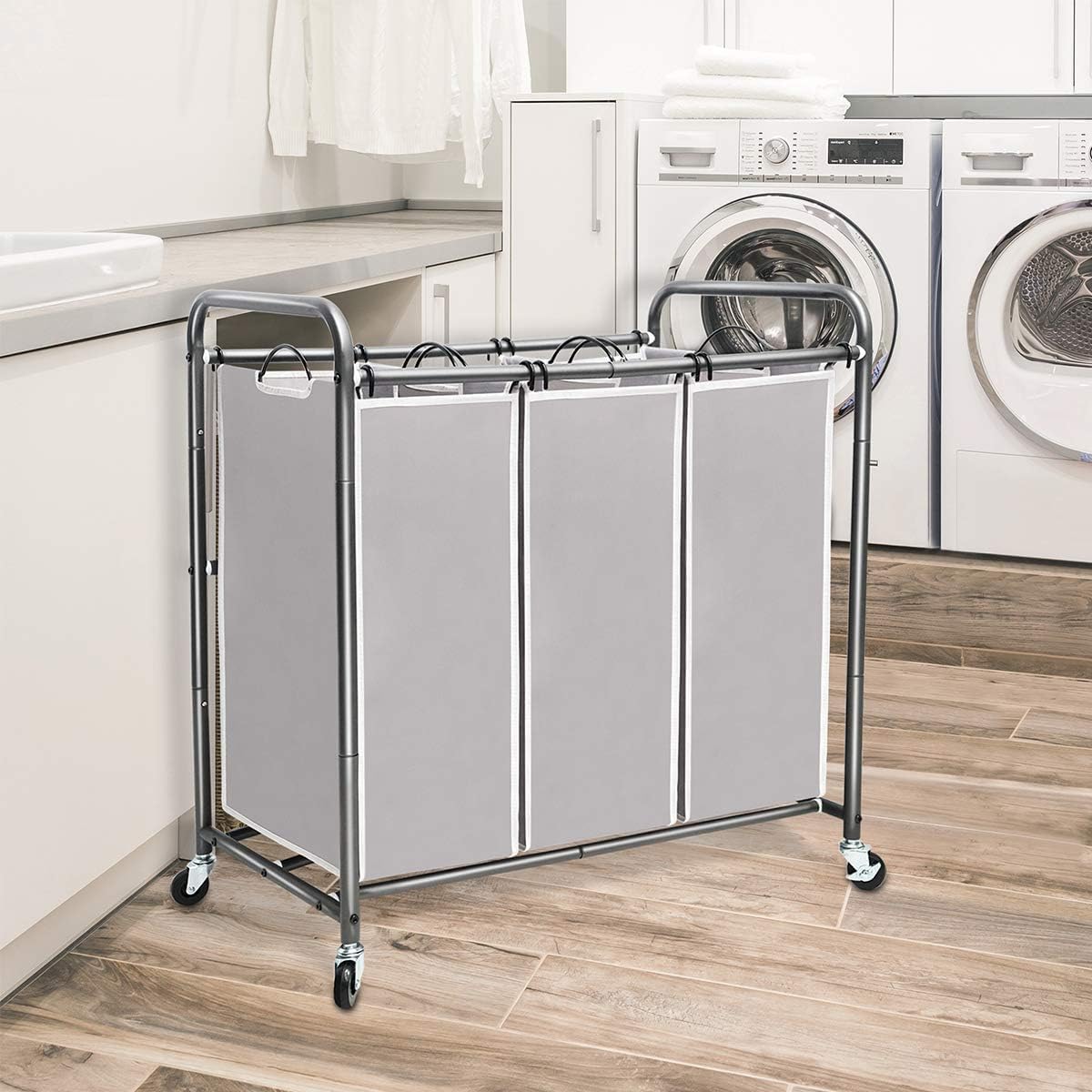 STORAGE MANIAC 3 Section Laundry Sorter Plus Commercial Laundry Hamper, Laundry Hamper Cart with Heavy Duty Wheels and Removable Bags, Laundry