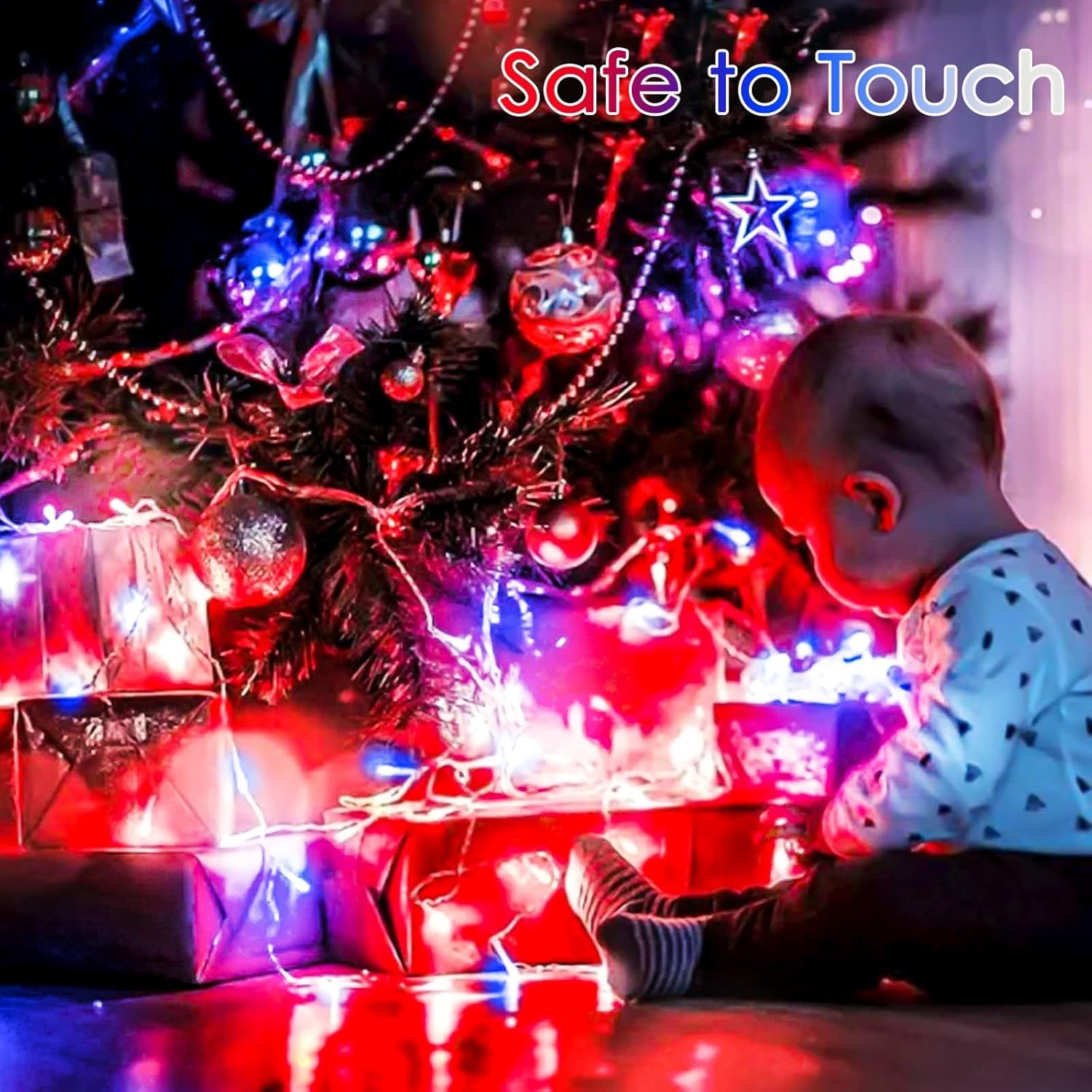 SANJICHA Decoraciones del 4 de julio, 100 luces LED de 33 pies para interiores y exteriores, luces rojas, azules y blancas, 8 modos de luces