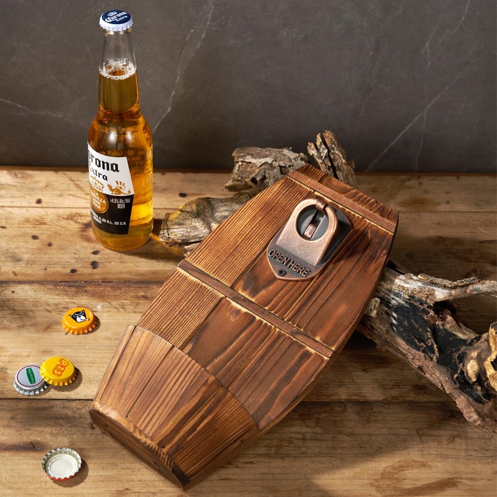Abrebotellas de barril de cerveza de madera montado en la pared, abrebotellas vintage sin rastro con colector de tapa, regalo ideal para hombres y