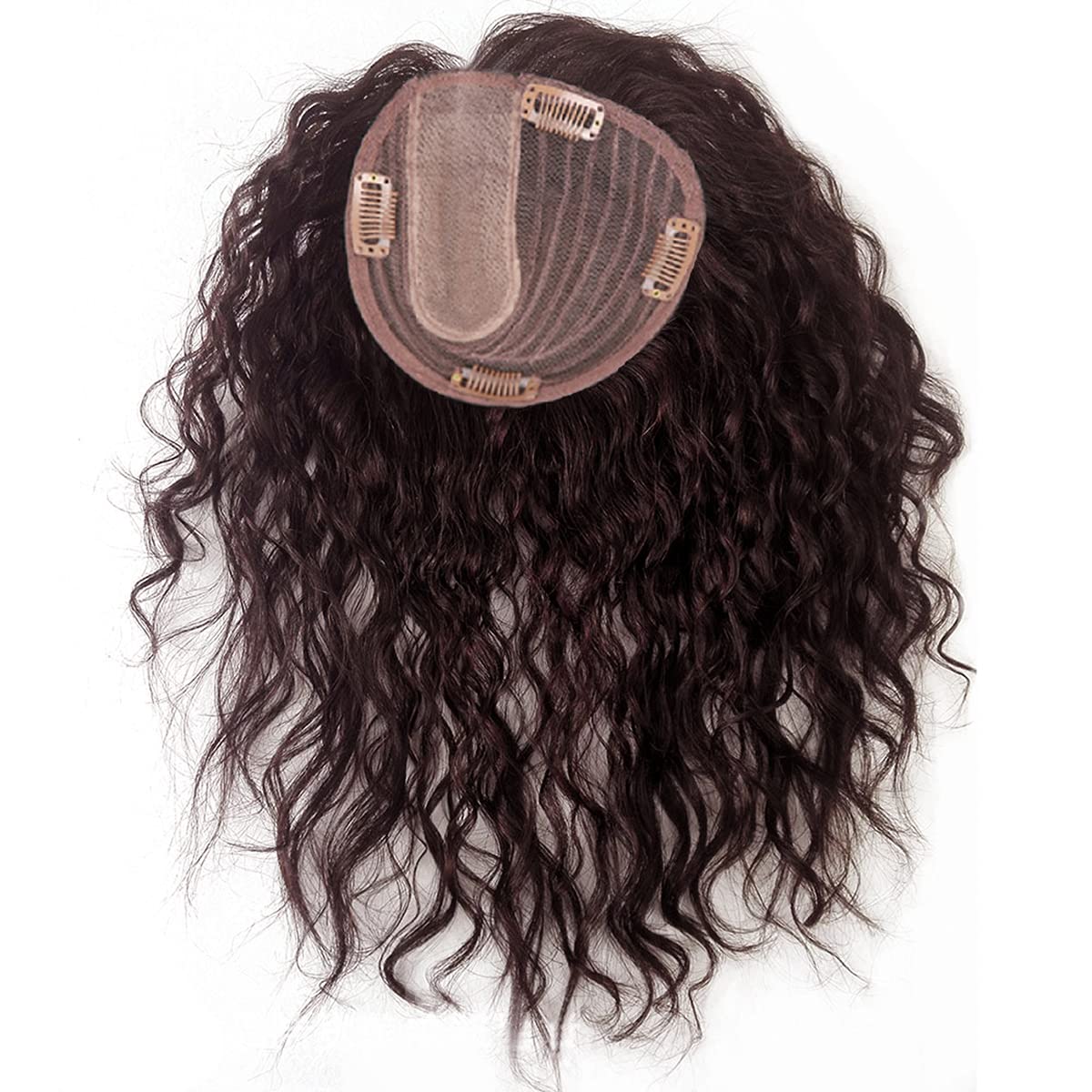 Tope de cabello humano rizado natural para mujer, extensiones de pelo con clip, 5.1 x 5.5 in, parte superior de cabello plateado, parte derecha para
