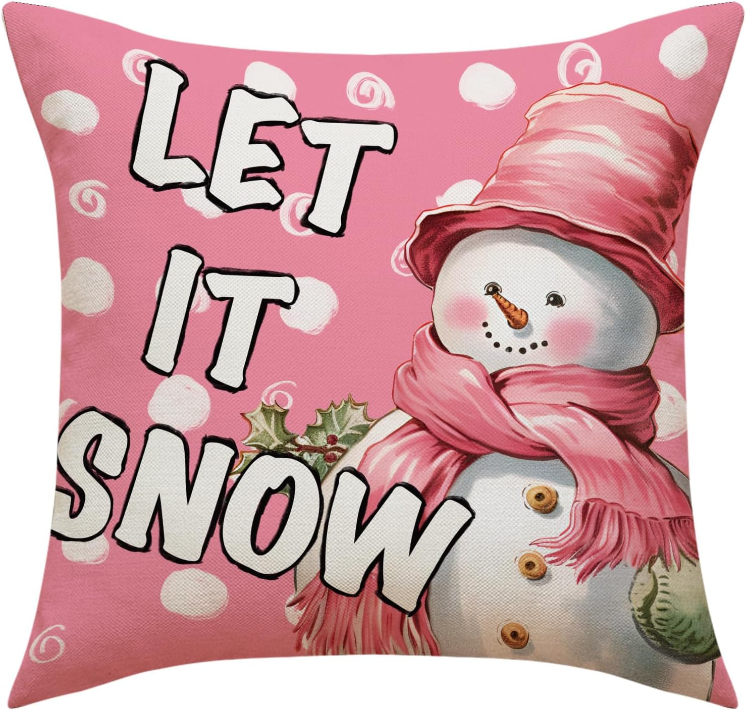 MOJUN Juego de 4 fundas de almohada navideñas de 18 x 18 pulgadas, muñeco de nieve rosa, Papá Noel, corona de Navidad, fundas decorativas para el