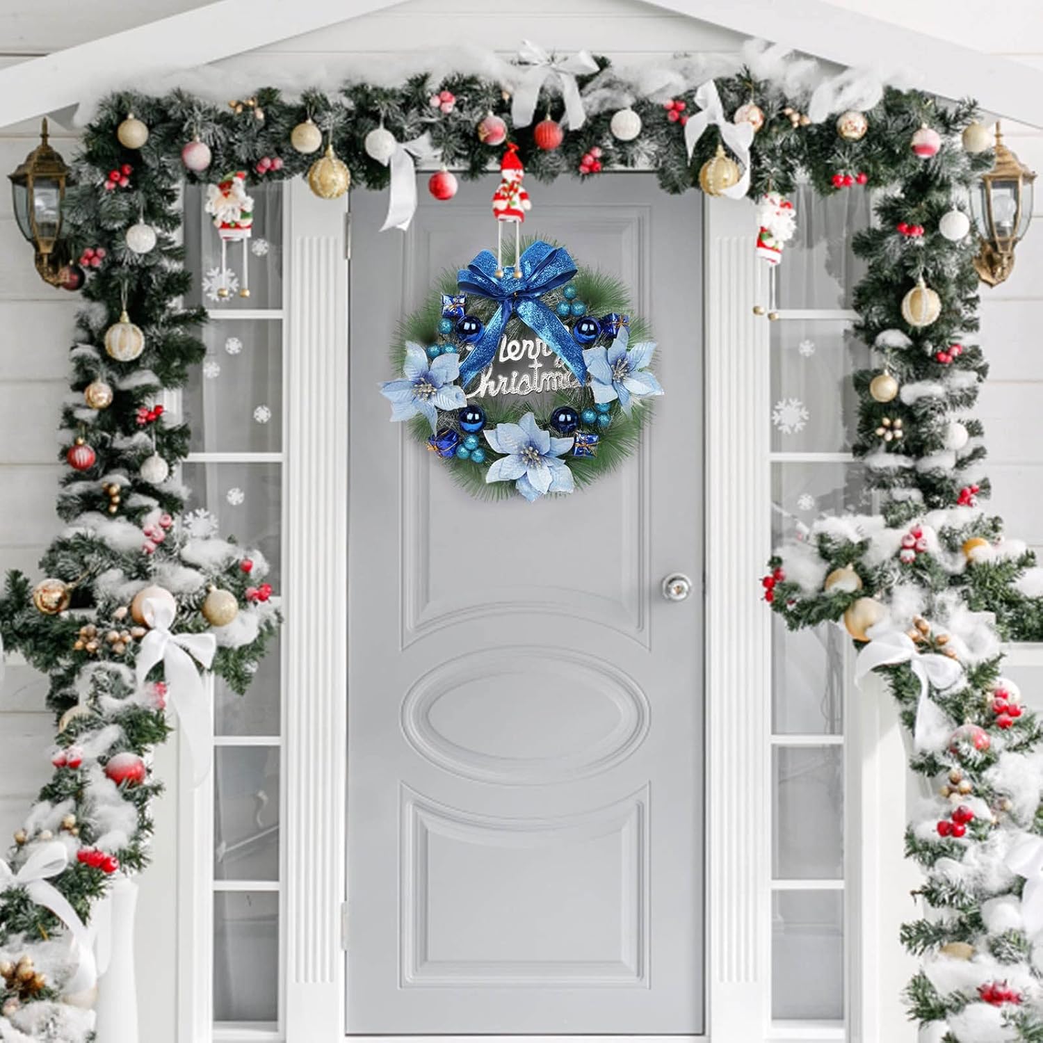 Corona de Navidad para puerta delantera con detalles azules, lazo para decoración de puerta delantera, 12 pulgadas, para pared exterior, interior,