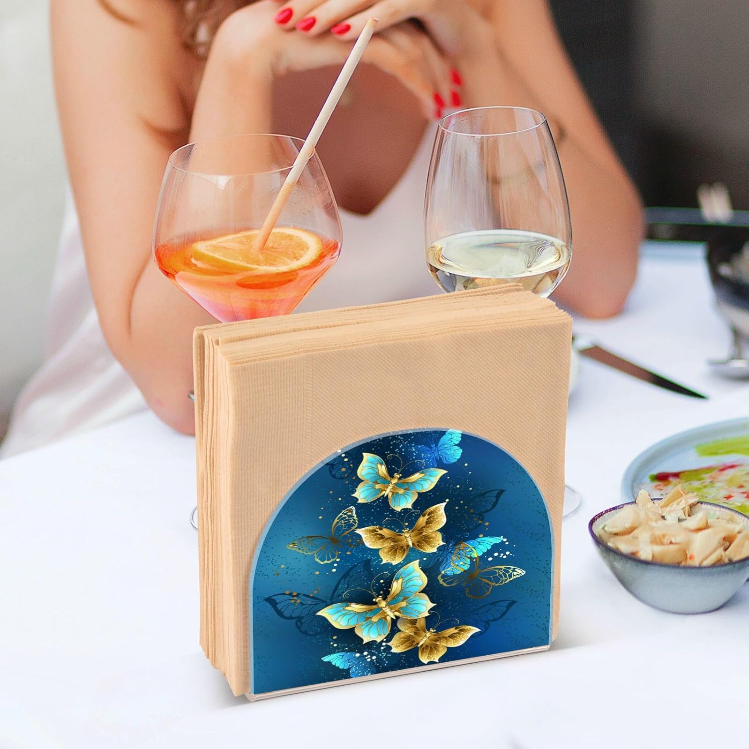 Kcldeci Holder Crystal Clear Acrylic Napkin Holders for Tables,Golden Butterfly Clear Paper Napkin Holder Stand Tabletop Freestanding Tissue Box