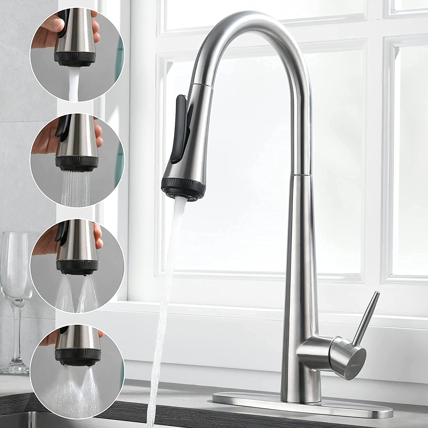 Grifo de cocina con rociador desplegable grifo de fregadero de cocina de arco alto, grifo de fregadero de una sola manija, grifos comerciales
