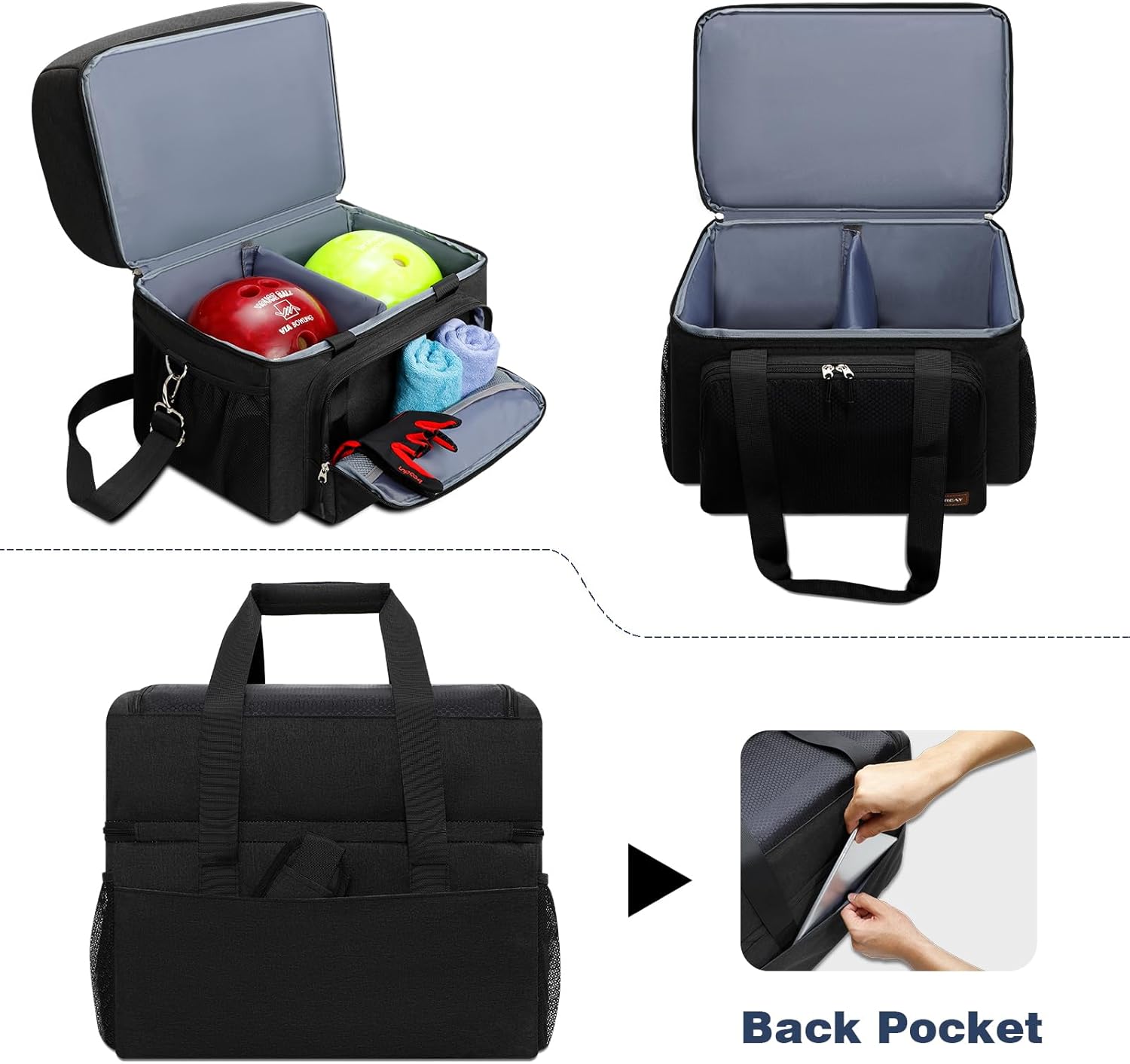 Bowling Ball Bags for SingleTwo Ball, Easy Carry Bowling Ball Tote Bags with Wooden Bowling Holder and Extra Storage Pockets – Holds OneTwo Bowling