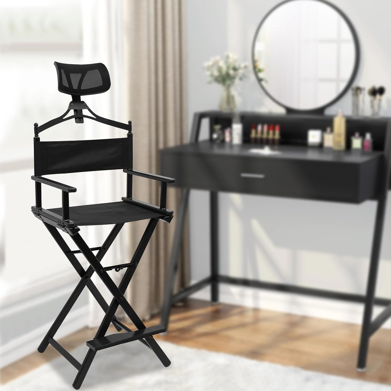 Silla plegable para artista de maquillaje, silla de directores plegable alta y profesional, silla de maquillaje de aluminio con reposacabezas para