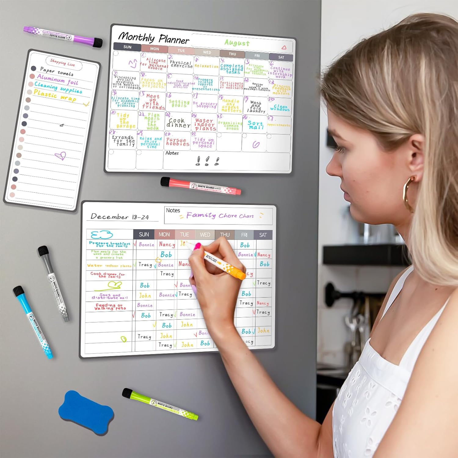 Juego de calendario mensual de 3 piezas de tabla magnética de tareas, 13 x 17 pulgadas, tablero de tareas de borrado en seco para nevera con pizarra