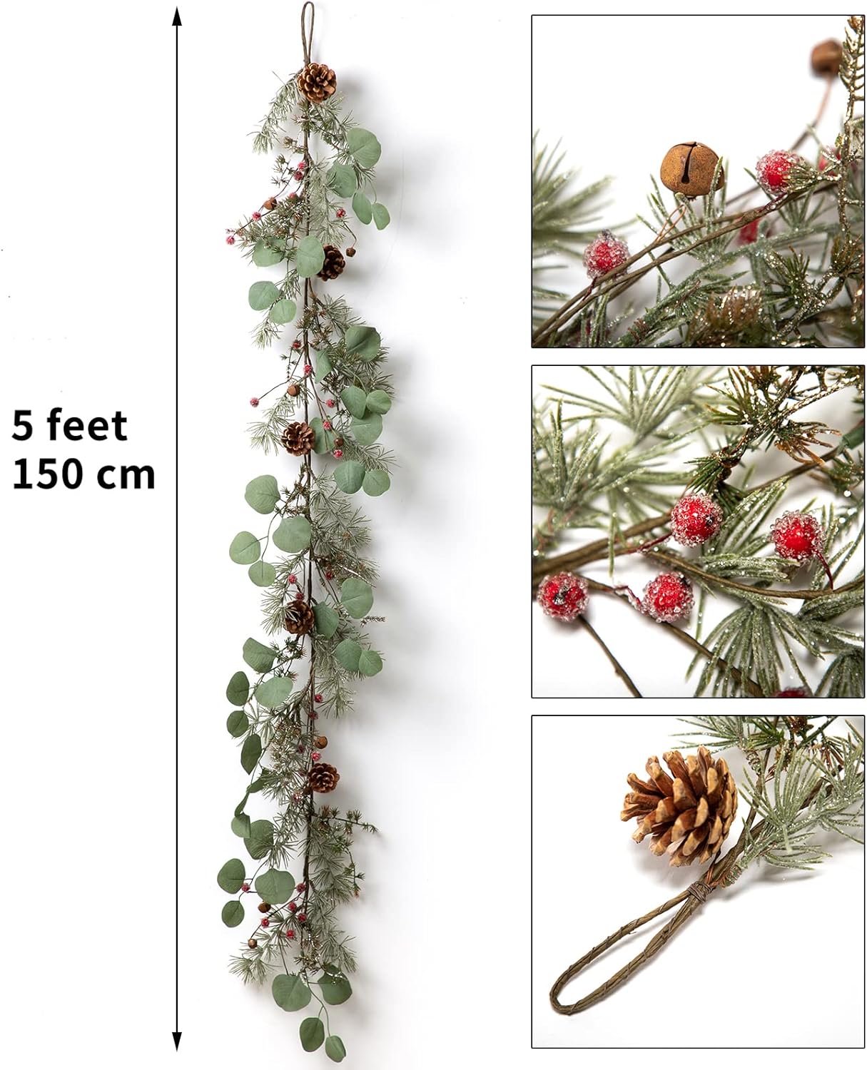 LOHASBEE Guirnalda de Navidad artificial, guirnalda de eucalipto de cono de pino de 5 pies con nieve, bayas rojas, campanas con purpurina para