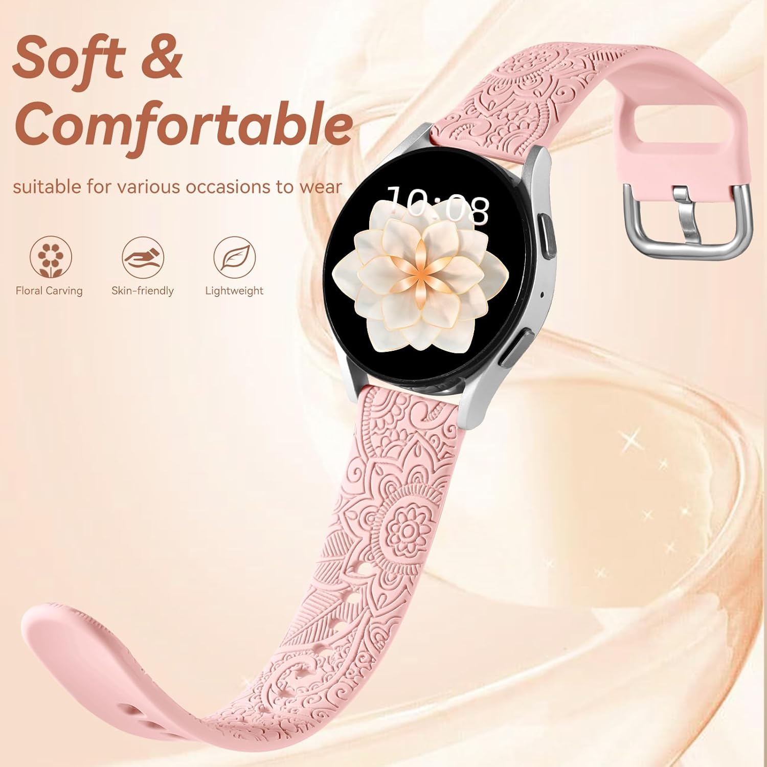 Odbeai Correa de silicona suave con grabado floral compatible con Samsung Galaxy Watch 654 de 1.575 pulgadas, 1.732 pulgadas, Galaxy Watch 5 Pro de