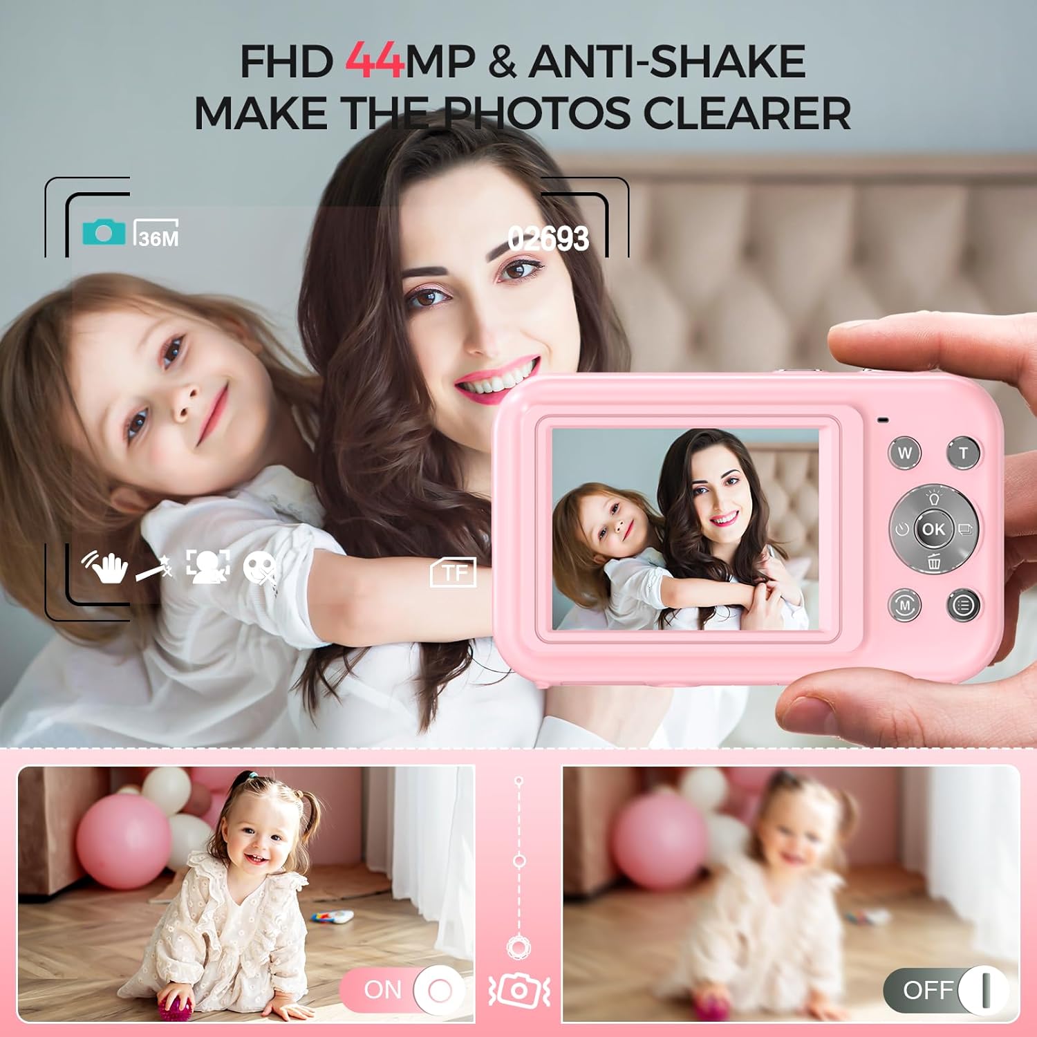Cámara digital, FHD 1080P 44MP cámara para niños para fotografía con tarjeta de 32 GB, cámara digital de punto de zoom 16X y disparar con luz de