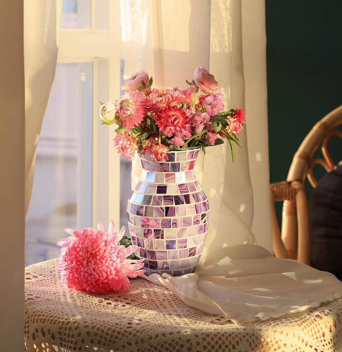 Florero morado para flores, jarrones de vidrio de mosaico lavanda para flores secas, jarrones modernos hechos a mano para decoración del hogar,