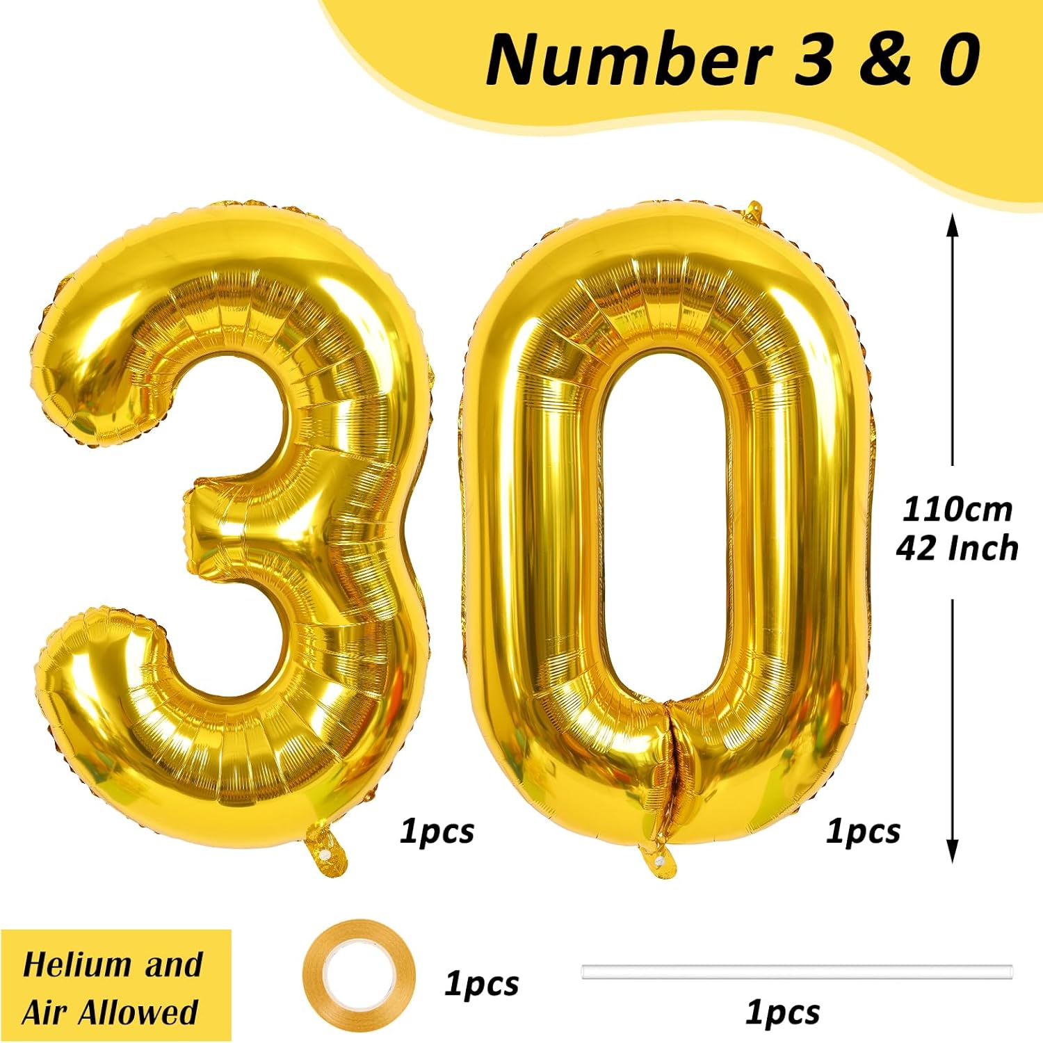 RUBFAC Globos dorados de 42 pulgadas con el número 30, globos gigantes gigantes de Mylar para decoración de eventos de fiesta de cumpleaños de 30