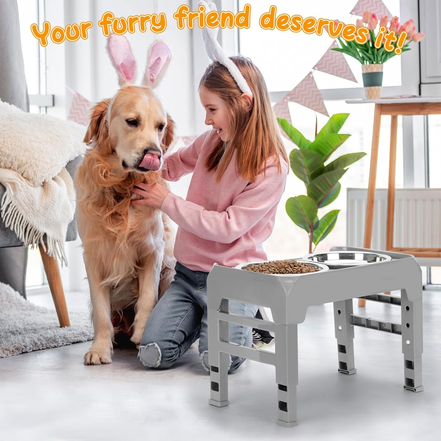 Tazones elevados para perros con altura ajustable con 2 cuencos de acero inoxidable para alimentos para perros, comedero plegable antideslizante