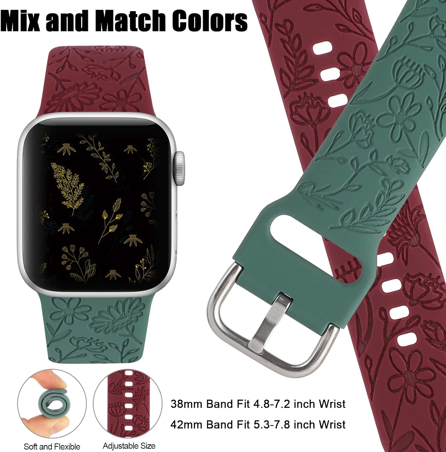 Paquete de 2 correas deportivas grabadas con flores compatibles con correas de Apple Watch de 1.496 pulgadas, 1.575 pulgadas, 1.614 pulgadas,