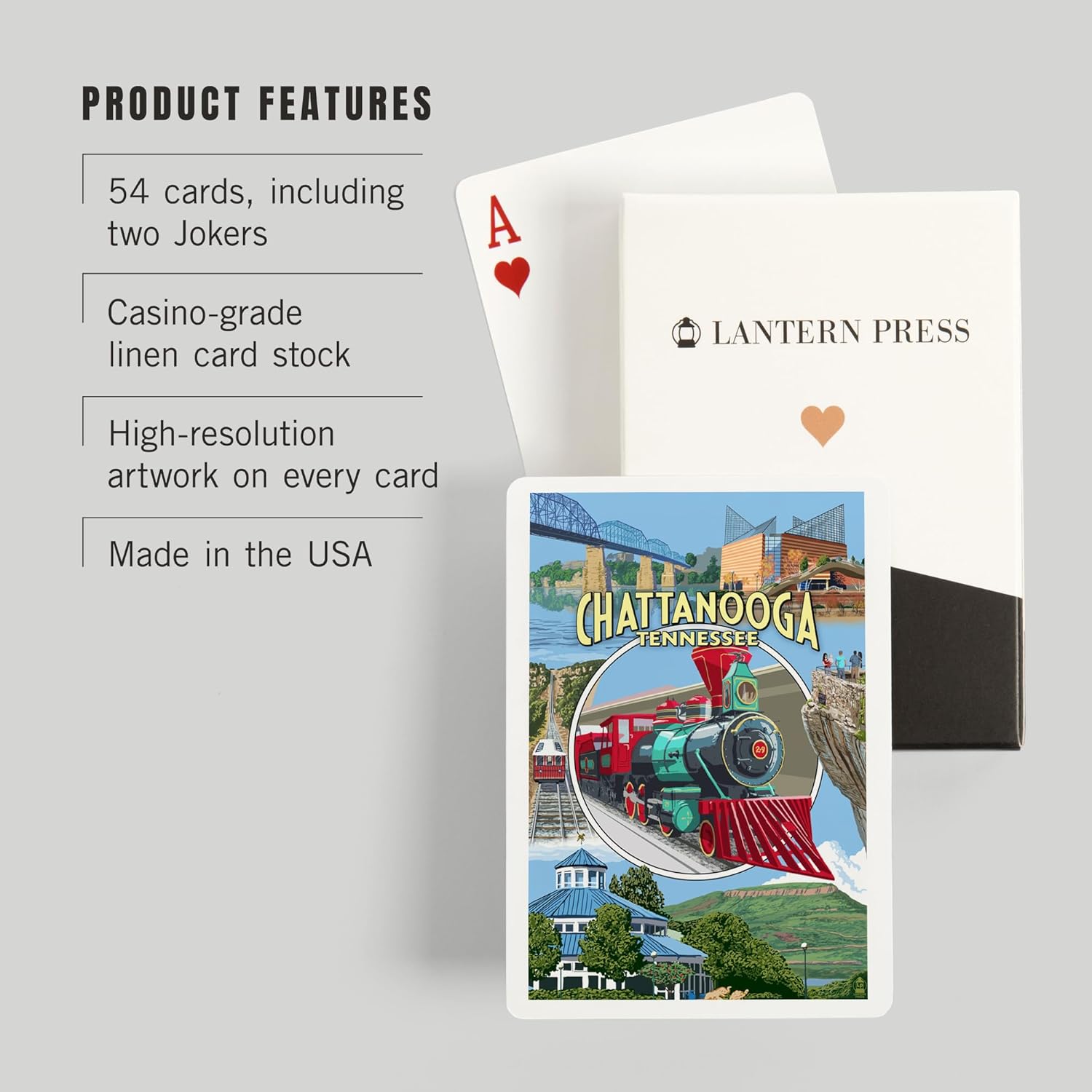 Lantern Press Chattanooga, Tennessee, escenas de montaje (52 cartas de juego, baraja de cartas de tamaño póquer con comodines)