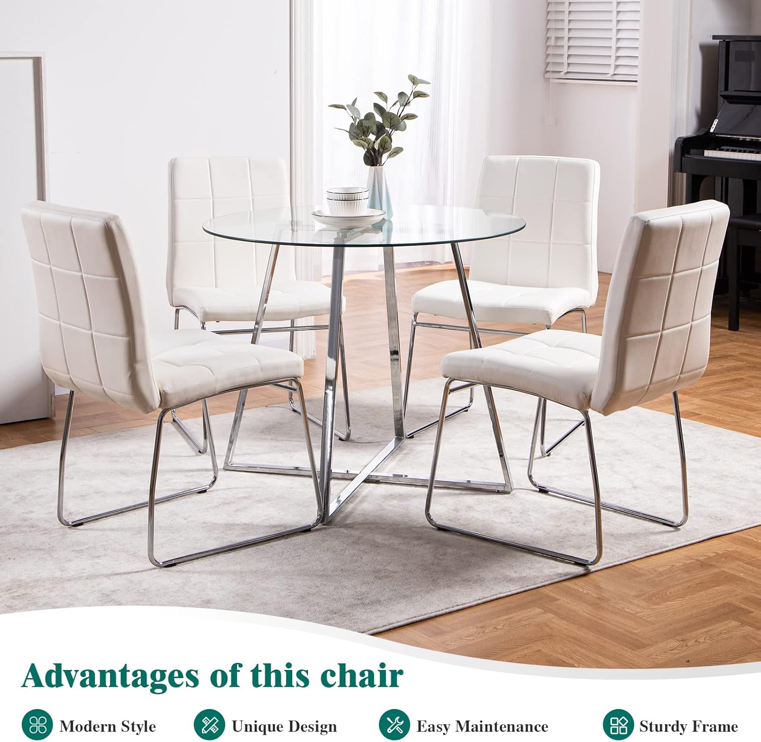 SICOTAS Mesa de comedor redonda de vidrio con patas cromadas, mesa de cocina moderna para 2 o 4 personas, mesa de comedor circular con base de metal