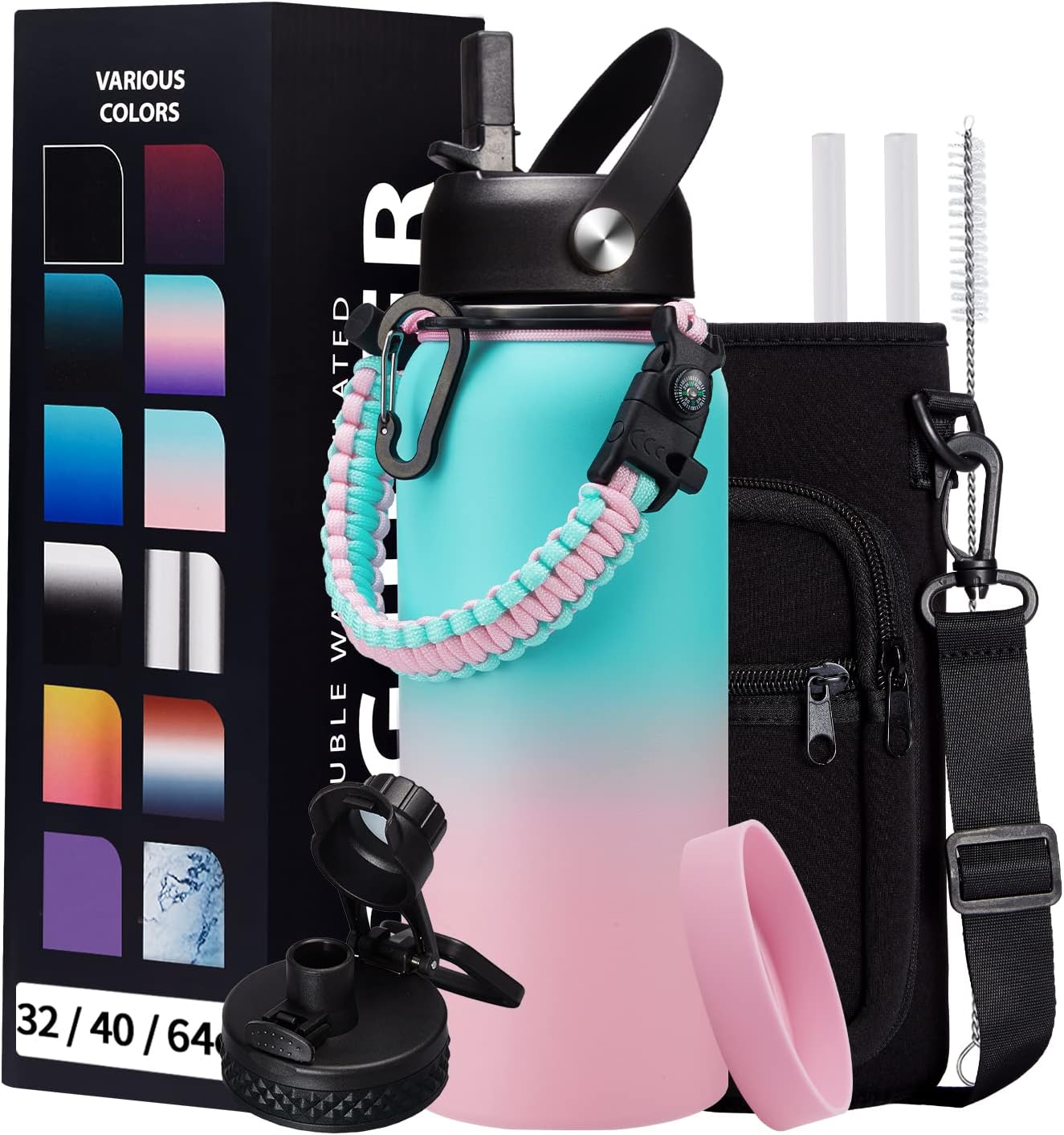 Botella de agua de acero inoxidable de 32 onzas, con mango de paracaídas, tapas de popote y boquilla, funda para botella, termo de metal