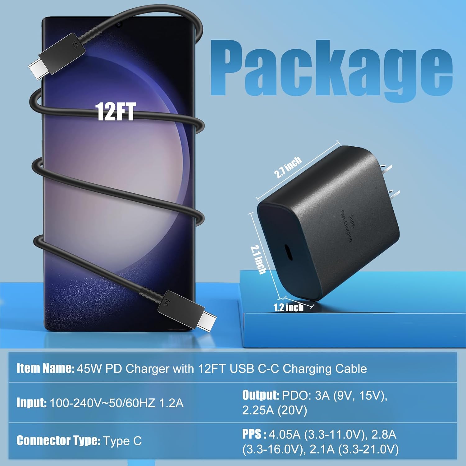 Cargador súper rápido Samsung USB-C de 45 W, bloque tipo C y cargador de teléfono Android de 12 pies, cable de carga rápida para Samsung Galaxy S24