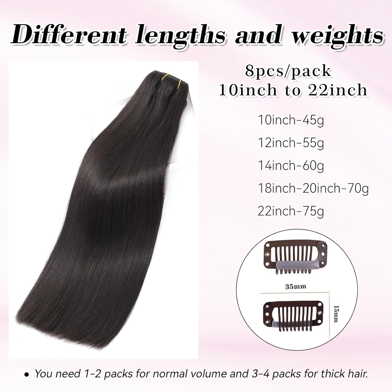 Extensiones de cabello humano real, 8 unidades, color negro natural, lacio, extensiones de cabello humano Remy virgen, clips de doble trama,