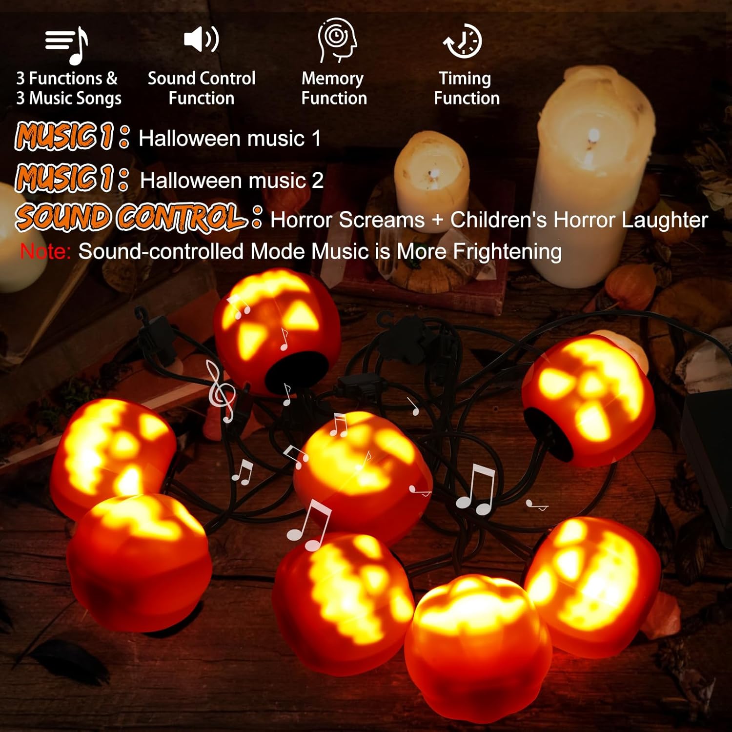 Guirnalda de luces de calabaza de Halloween de 14.7 pies con música espeluznante, luces de cadena impermeables naranjas, sensor de movimiento,