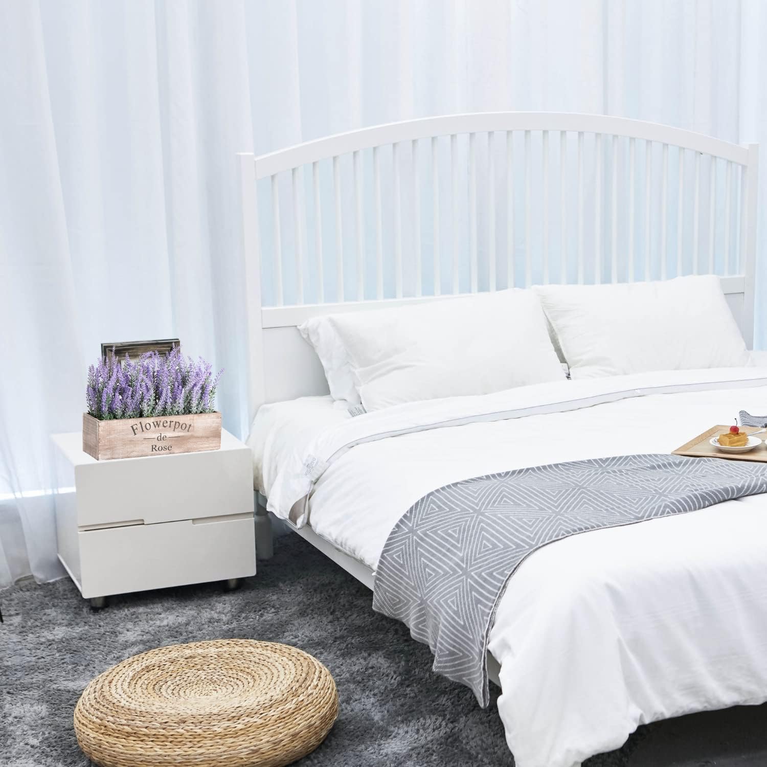 Velener 2 flores de lavanda sintética moradas con caja pequeña de madera para plantas de 5 pulgadas, plantas artificiales de granja para decoración