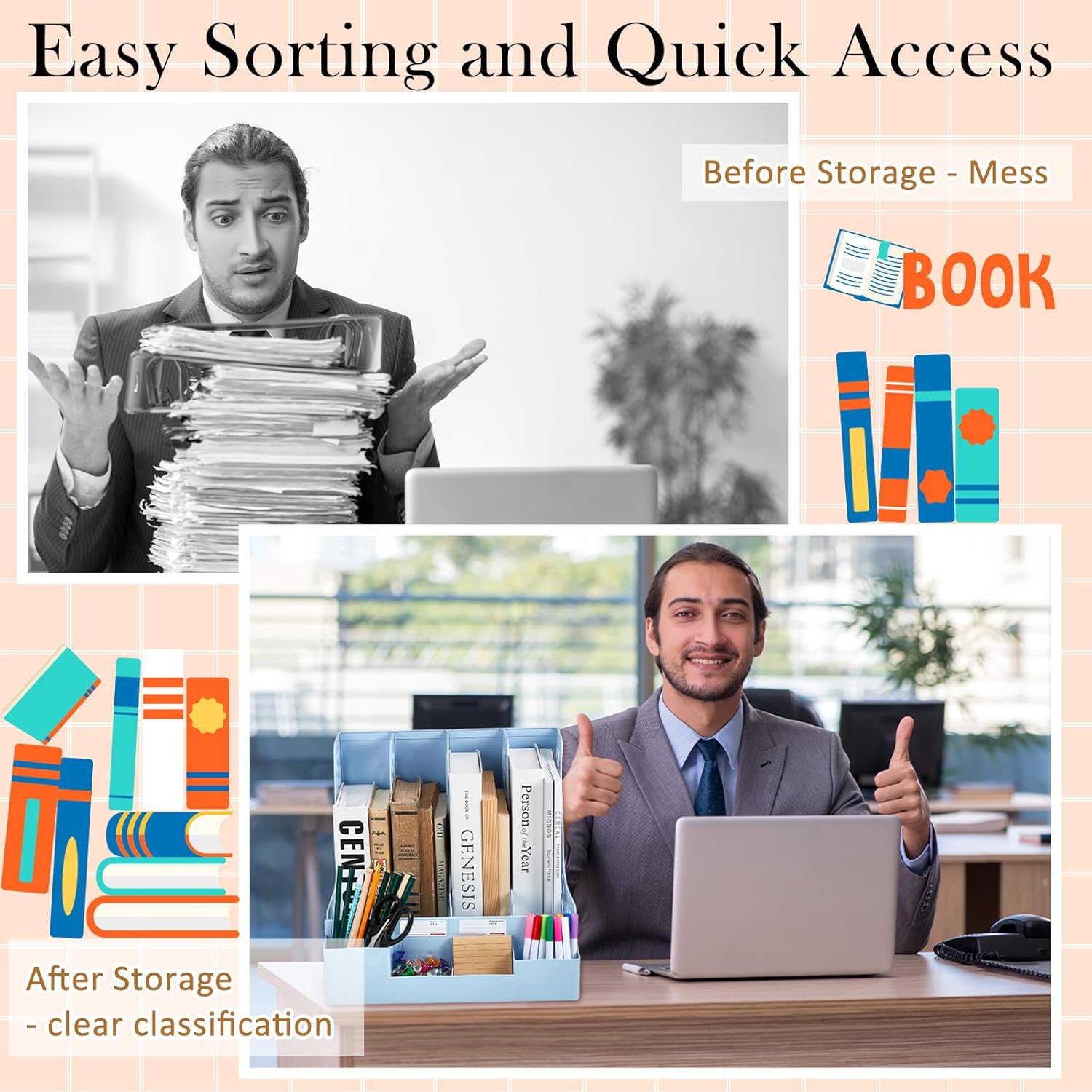 4 soportes para archivadores de revistas con 4 compartimentos verticales, organizador de escritorio de archivos, organizador de archivos,