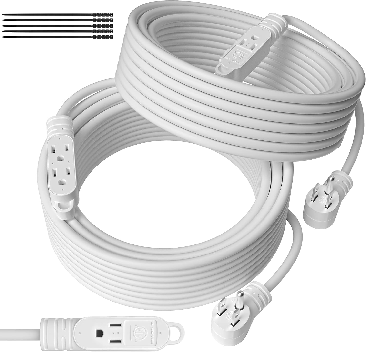 Cable de extensión de alimentación de 3 clavijas con múltiples tomacorrientes de 4 pies (paquete de 2), calibre 163, enchufe macho en ángulo de 90
