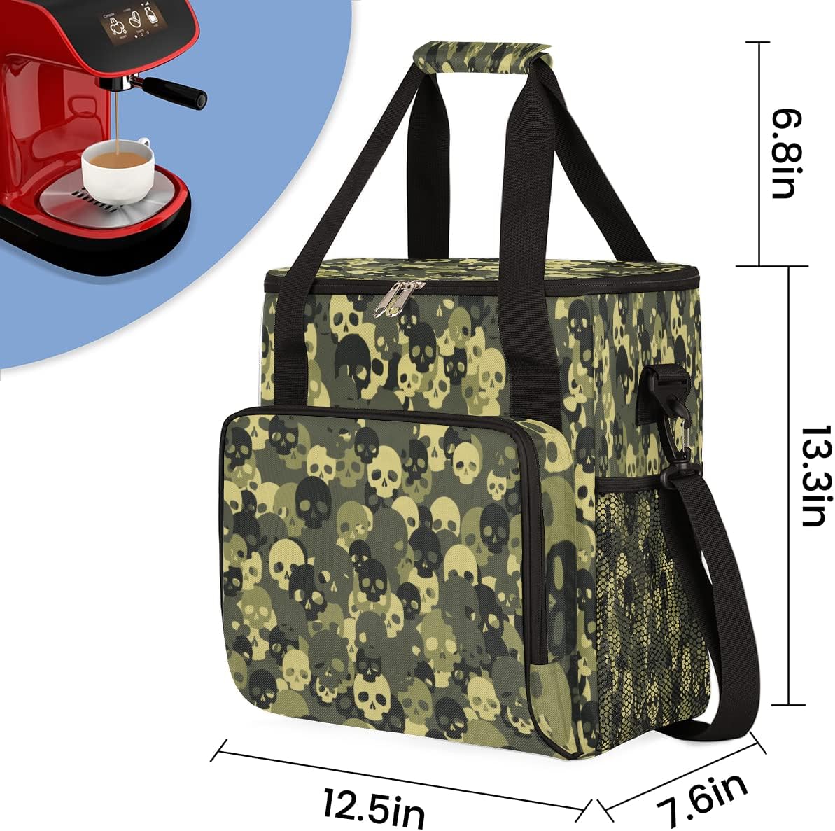 Bolsa de café de camuflaje con diseño de calavera y camuflaje, bolsa de almacenamiento de viaje, compatible con Keurig K-Mini o K-Mini Plus,