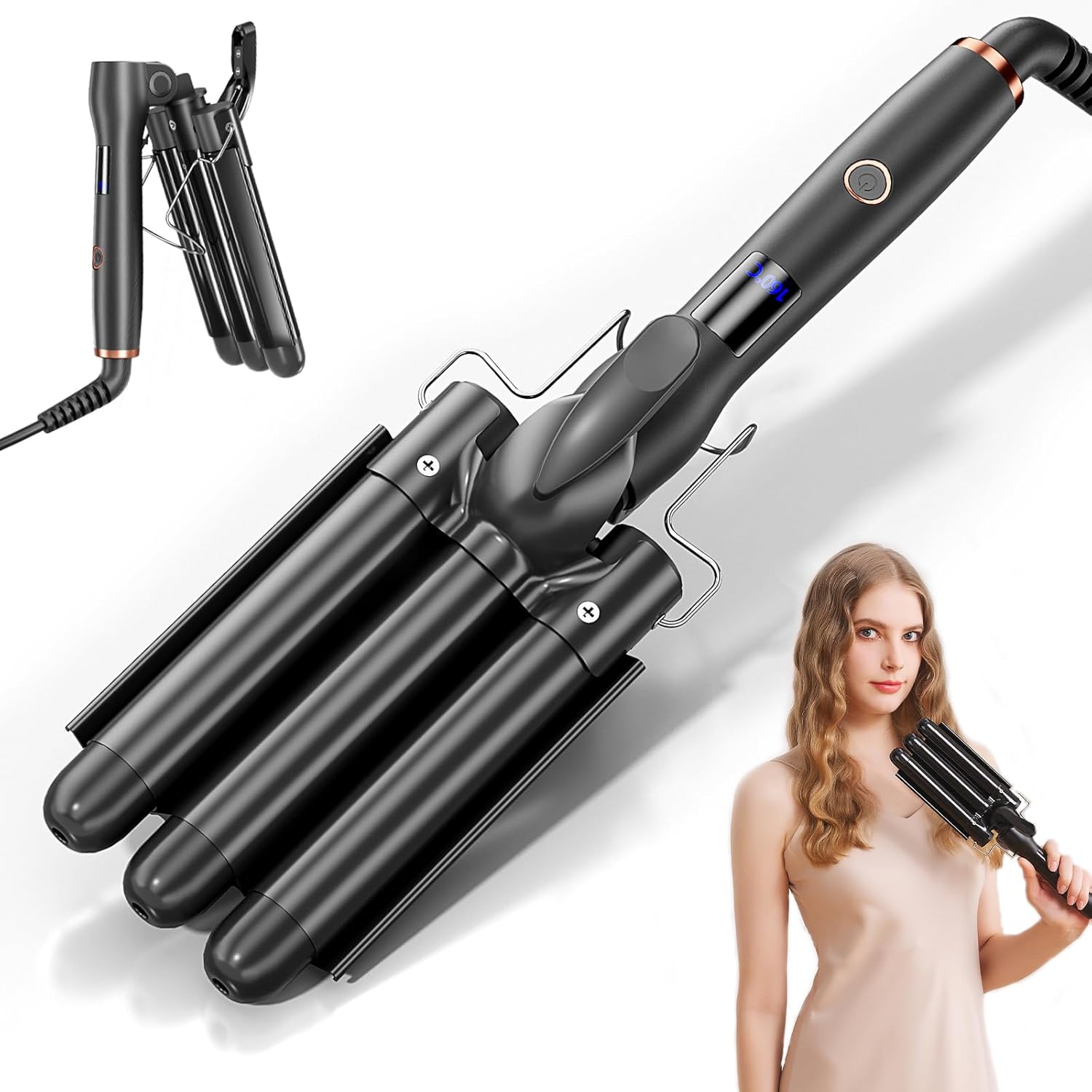 Engarzador de cabello de 1 pulgada, rizador de 3 barriles de playa, plegable, 0.984 in, 3 barriles, 4 ajustes de temperatura ajustables, se calienta
