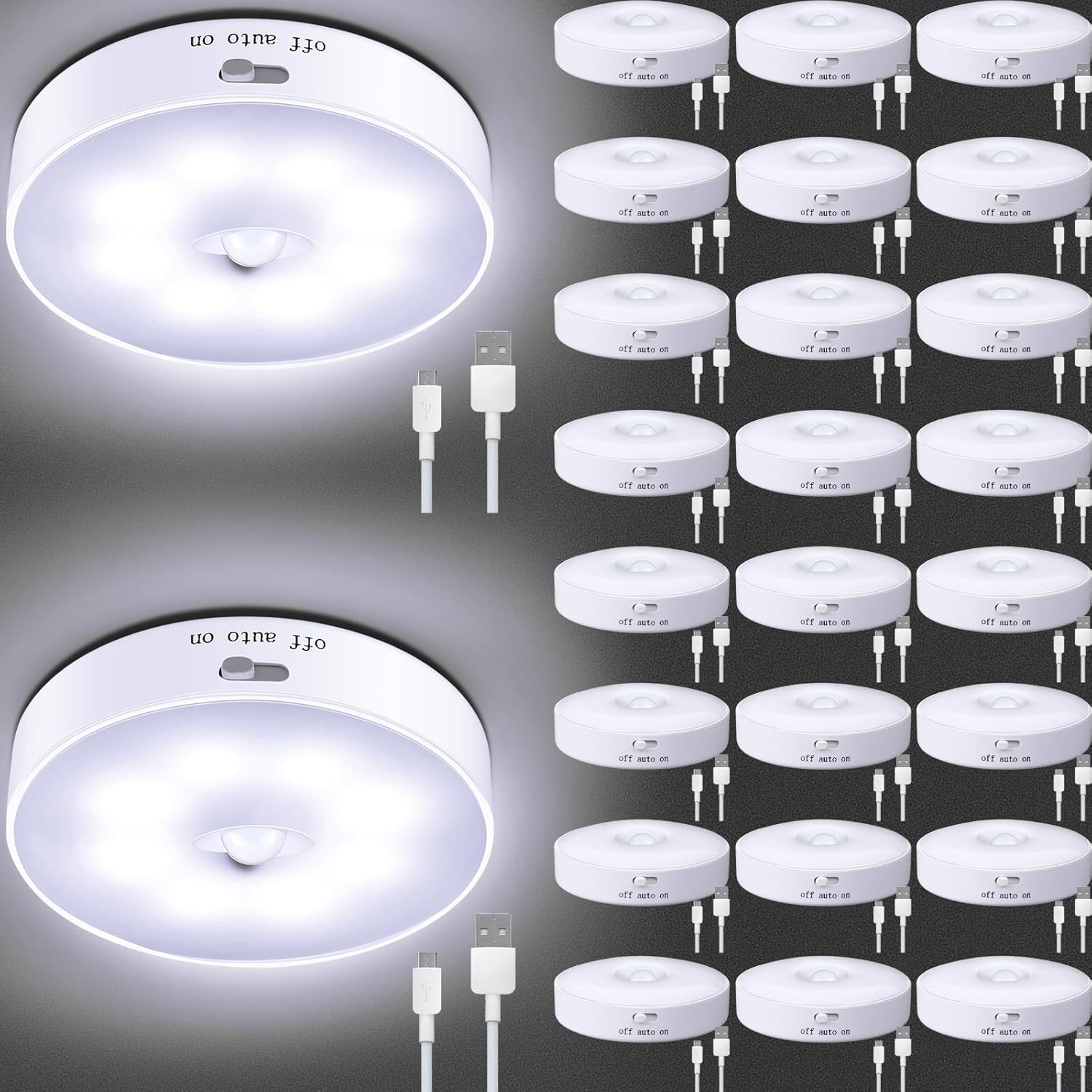 24 piezas de luz recargable con sensor de movimiento, estética, automática, inalámbrica, para escalera, debajo del gabinete, luces de noche