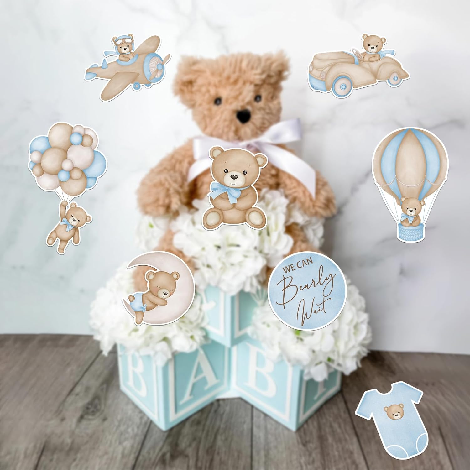 16 centros de mesa azules con texto en inglés We Can Bearly Wait para decoración de baby shower, centros de mesa de oso para baby shower para niños,