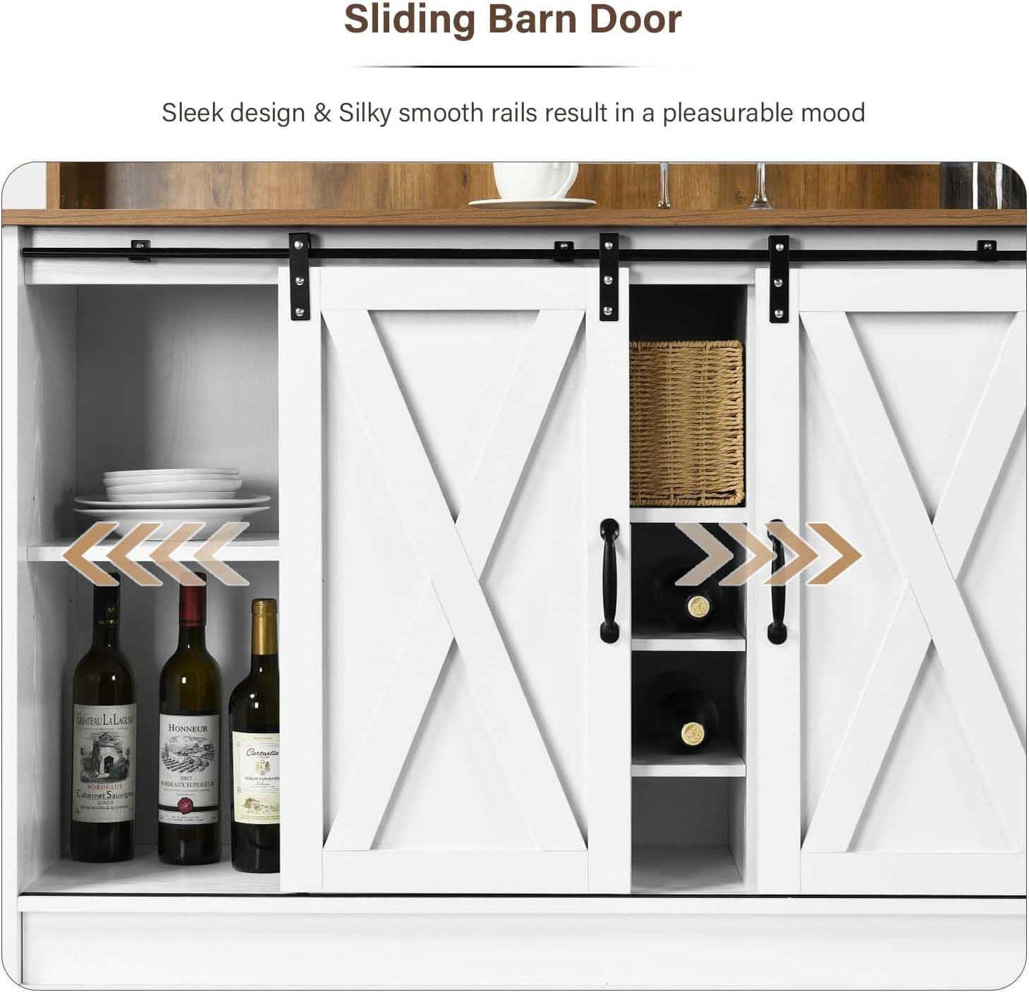 Gabinete de barra de café de granja, barra de café de cocina de 47 pulgadas con 6 ganchos, estación de bar de café con 9 estantes de vino, gabinete
