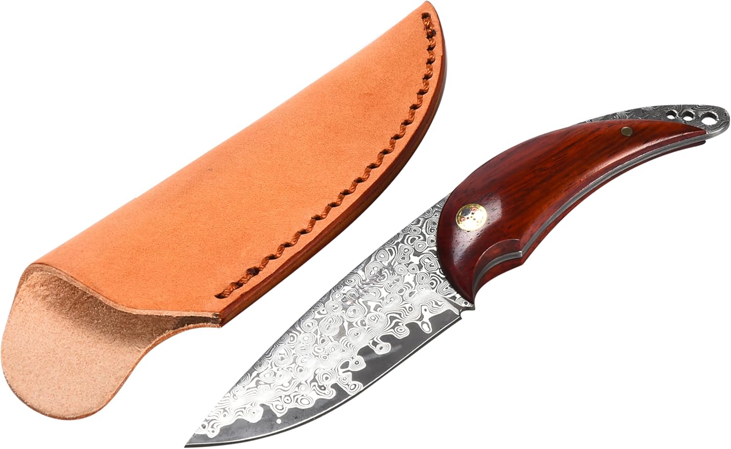 Outlery Cuchillo de acero de Damasco  Cuchillo táctico de caza de hoja fija con funda para cinturón, acero de calidad hecho a mano, ideal para