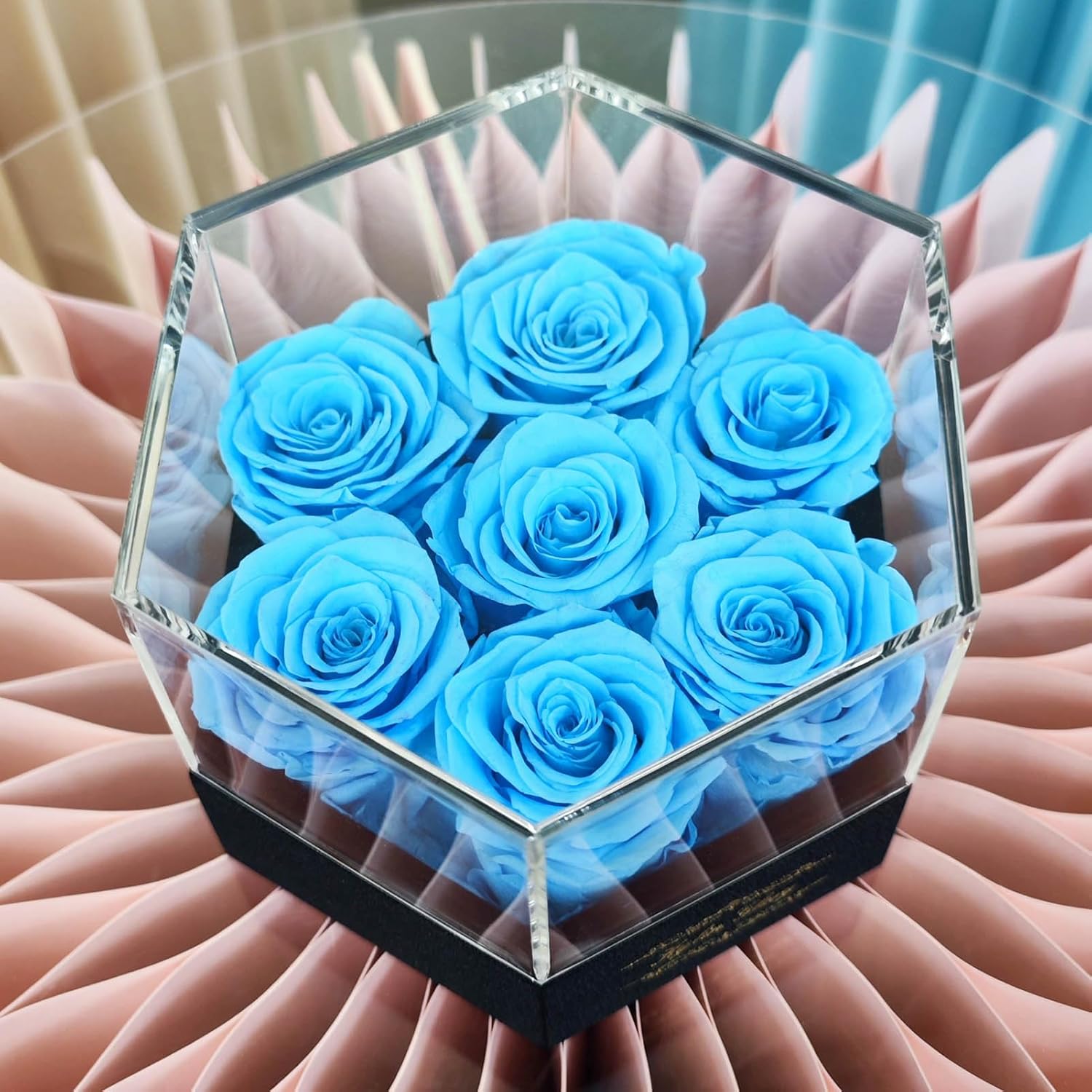 Kylin Glory Rosas preservadas con cubierta acrílica hexagonal, 7 piezas Forever Flowers, frescura visible, perfectas para regalos del día de la
