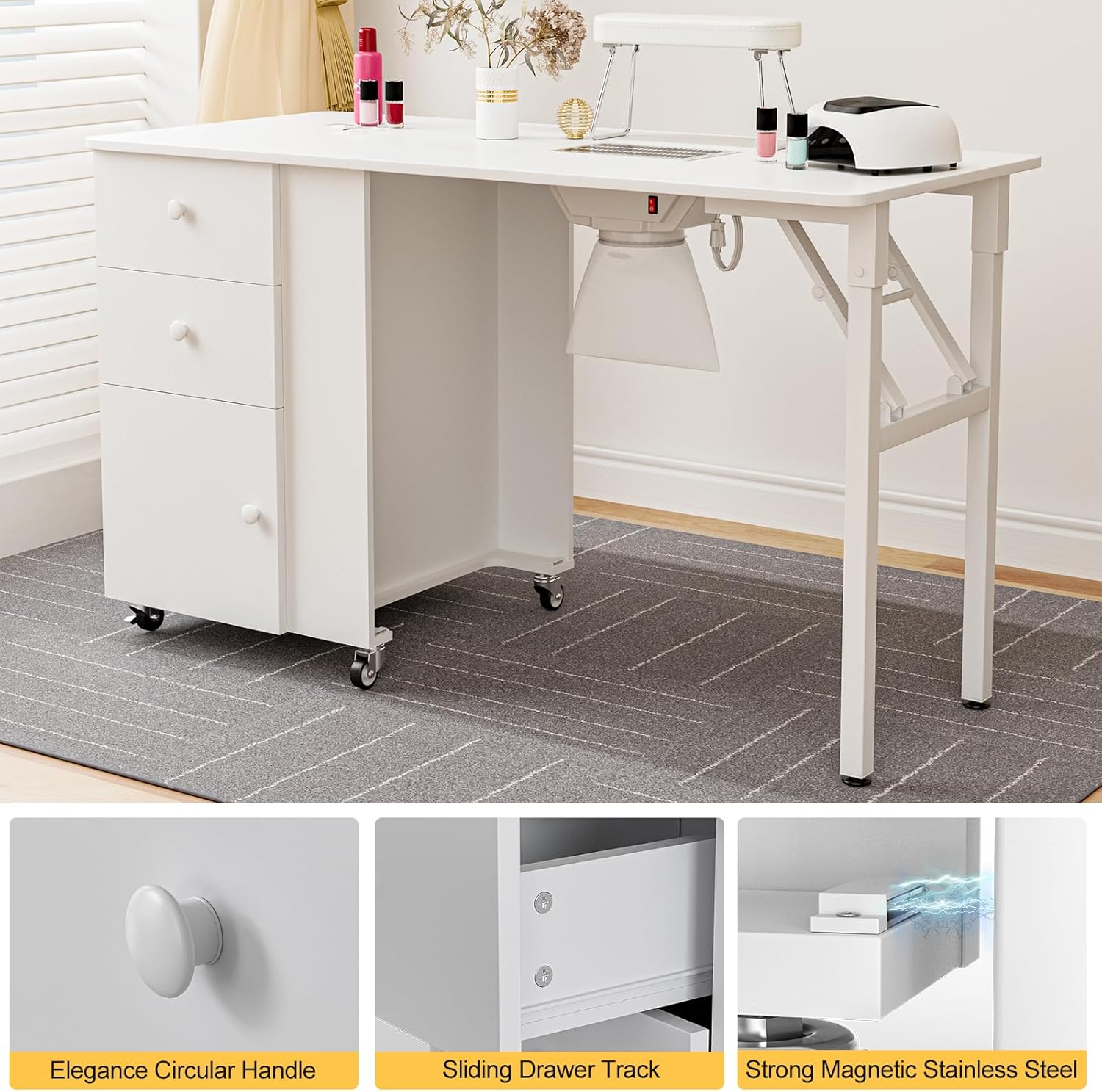 Paddie Mesa de manicura plegable para uñas, estación de mesa plegable para uñas con colector de polvo integrado, longitud ajustable, almohadilla de