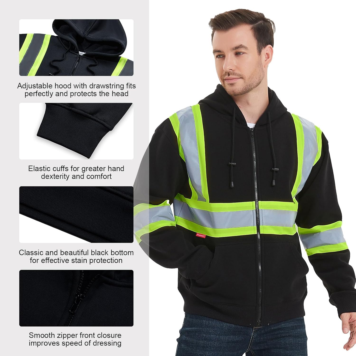 ProtectX Sudadera de seguridad de alta visibilidad clase 3 para hombre, sudadera reflectante con bolsillo grande para construcción y trabajo