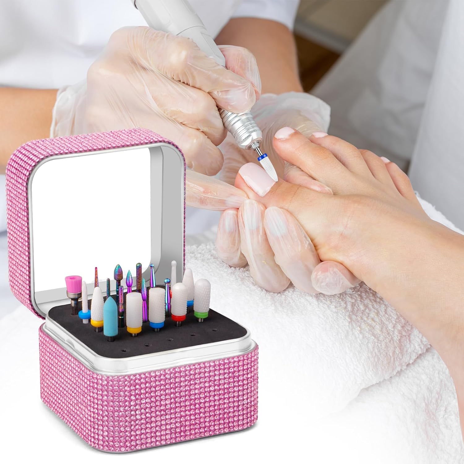 Juego de 19 brocas de uñas con caja de almacenamiento, brocas de carburo de diamante de cerámica de tungsteno de 332 pulgadas para uñas acrílicas,