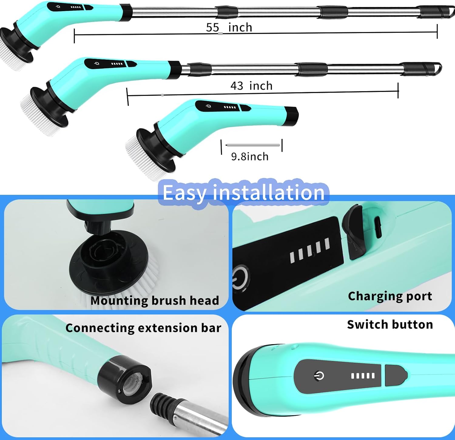 Limpiador eléctrico giratorio, limpiador de ducha IPX7 con mango largo, cepillo de limpieza inalámbrico 7 y 1 con batería de 2500 mAh, limpiador de