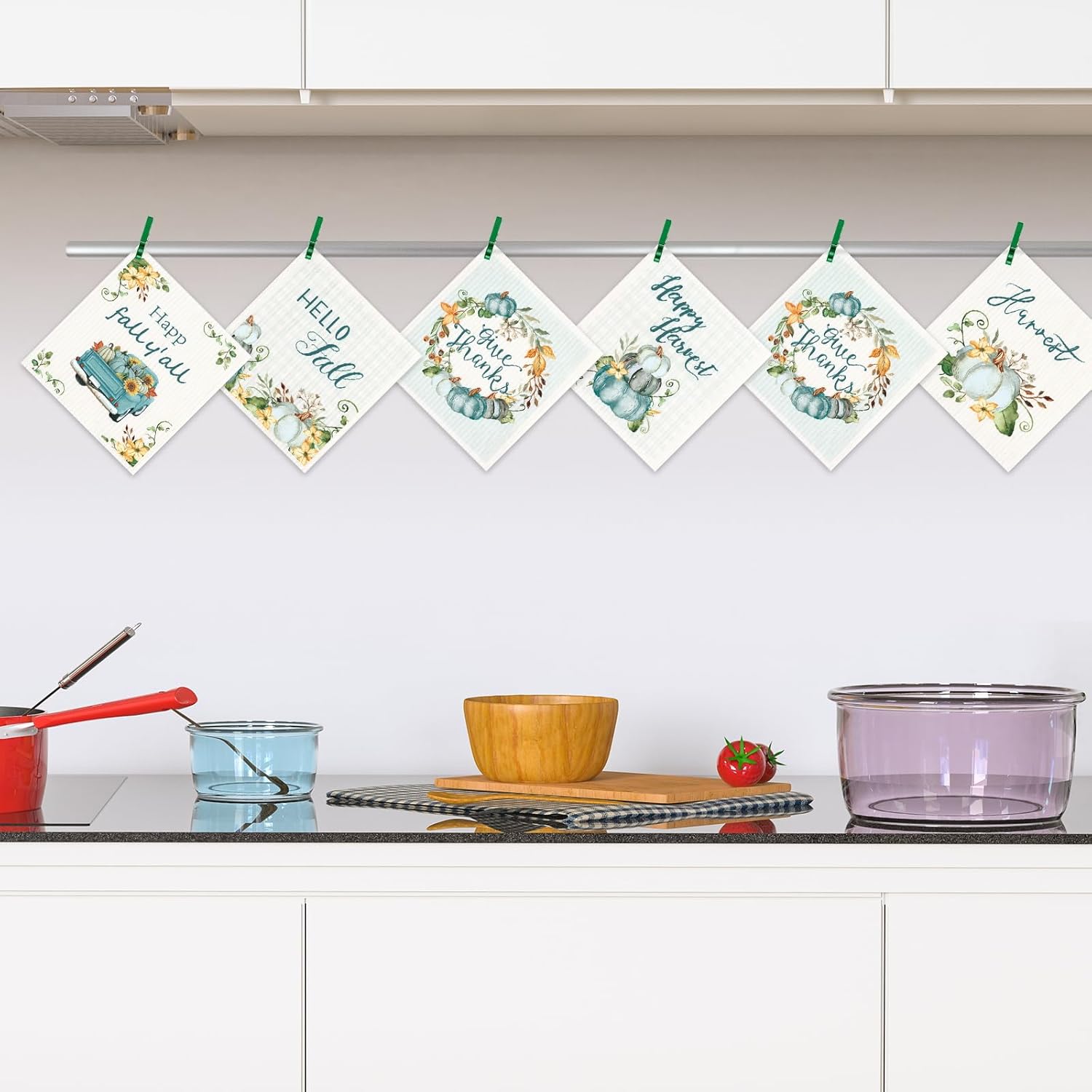 Juego de 6 paños de cocina suecos de otoño, calabazas de Acción de Gracias, juego de paños de cocina de calabaza azul, camión, cocina, hola otoño,