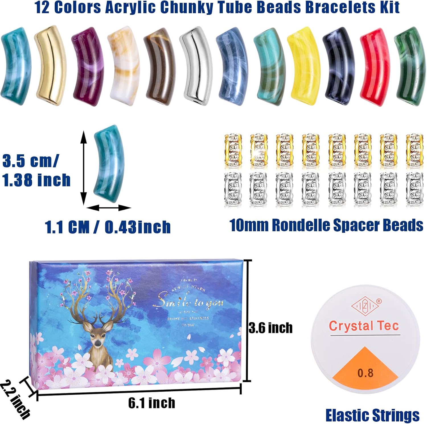 72 cuentas de tubo grueso de acrílico para hacer pulseras, 12 colores, cuentas de tubo de bambú curvadas, cuentas de fideos gruesos y cuerdas