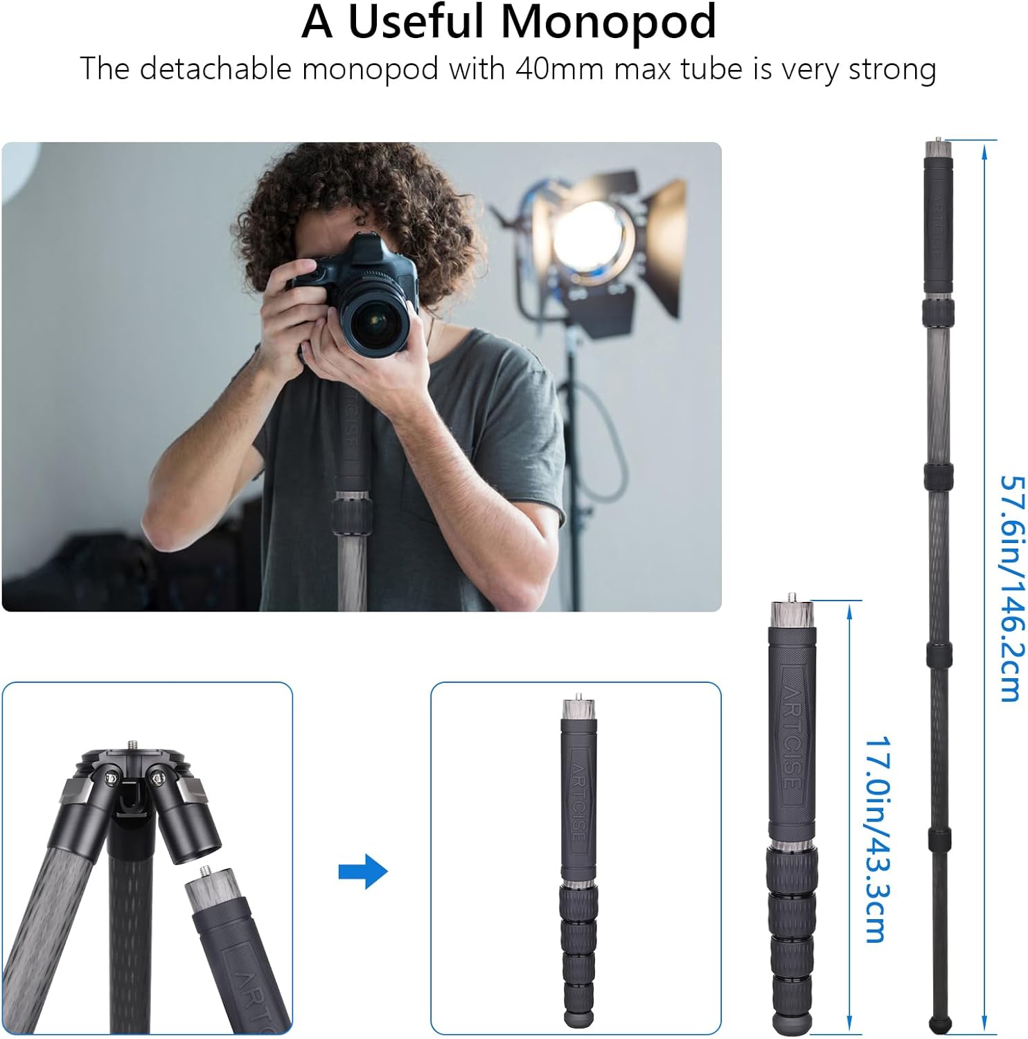 Trípode profesional de fibra de carbono resistente CS901C con columna central externa, monopod desmontable, compacto y ligero, soporte de cámara de
