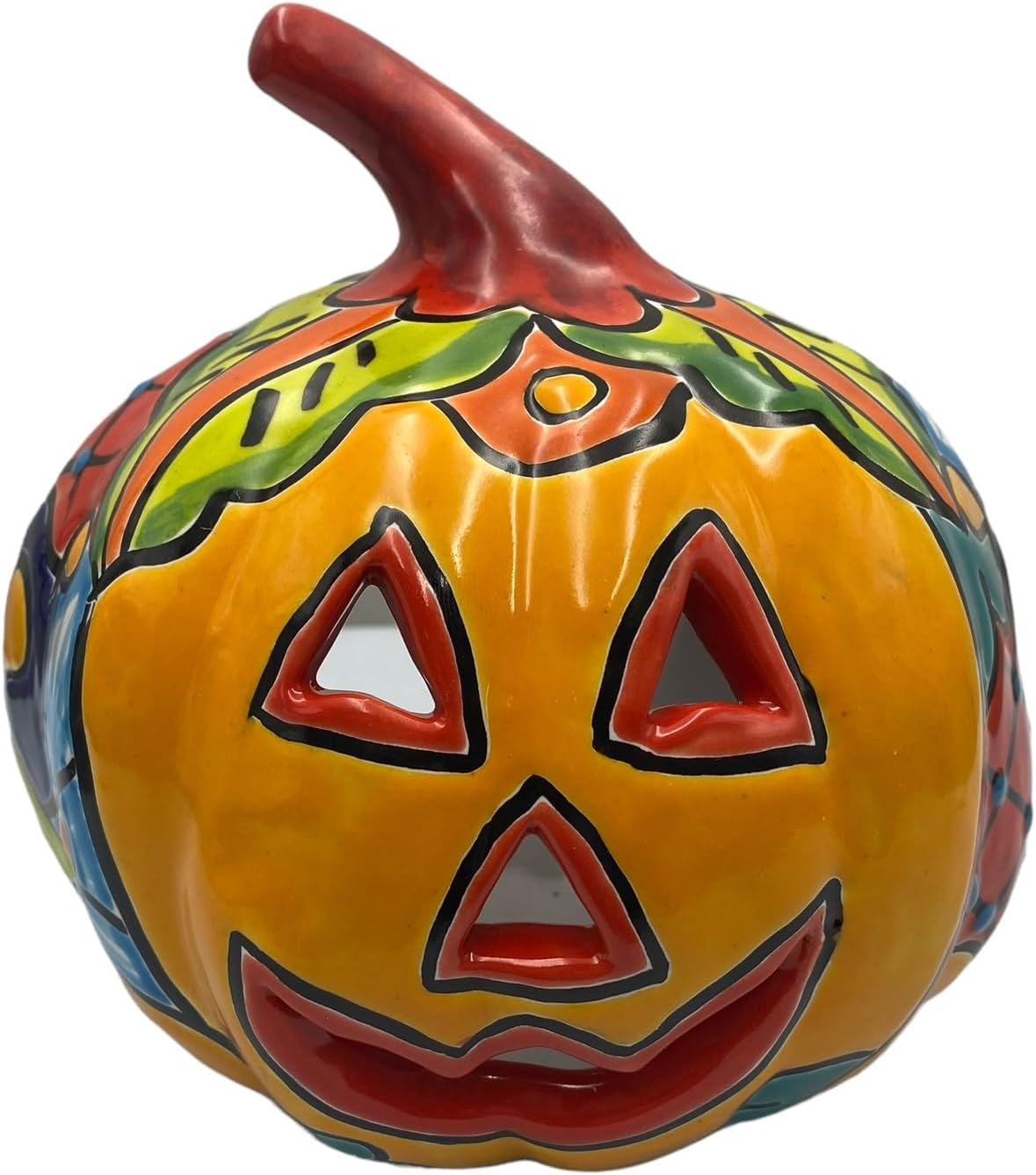 Talavera Calabaza Calabaza Halloween decoración del hogar, pintada a mano, multicolor, arte popular para exteriores e interiores, 6.75 pulgadas