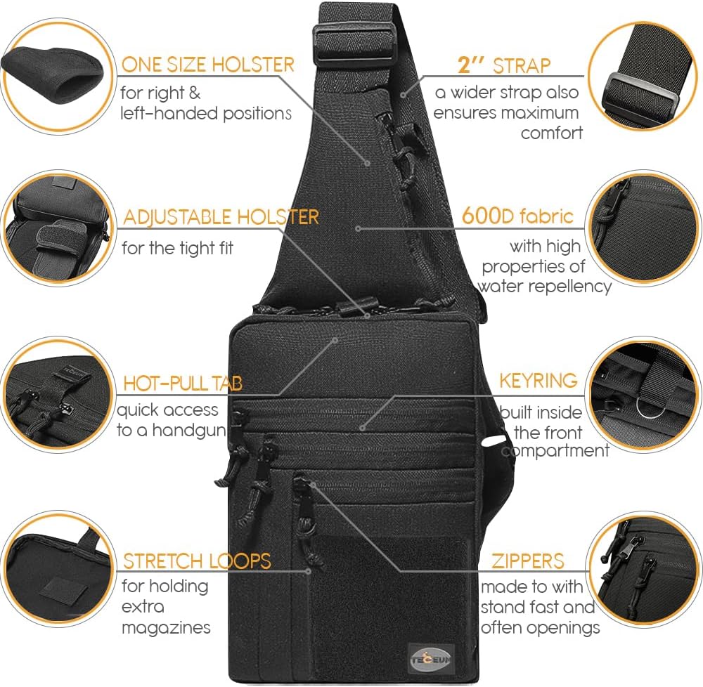 TECEUM Bolso bandolera táctico compacto  CCW para todos los días  Más de 10 estilos  Bolso cruzado de hombro para transporte oculto de pistola