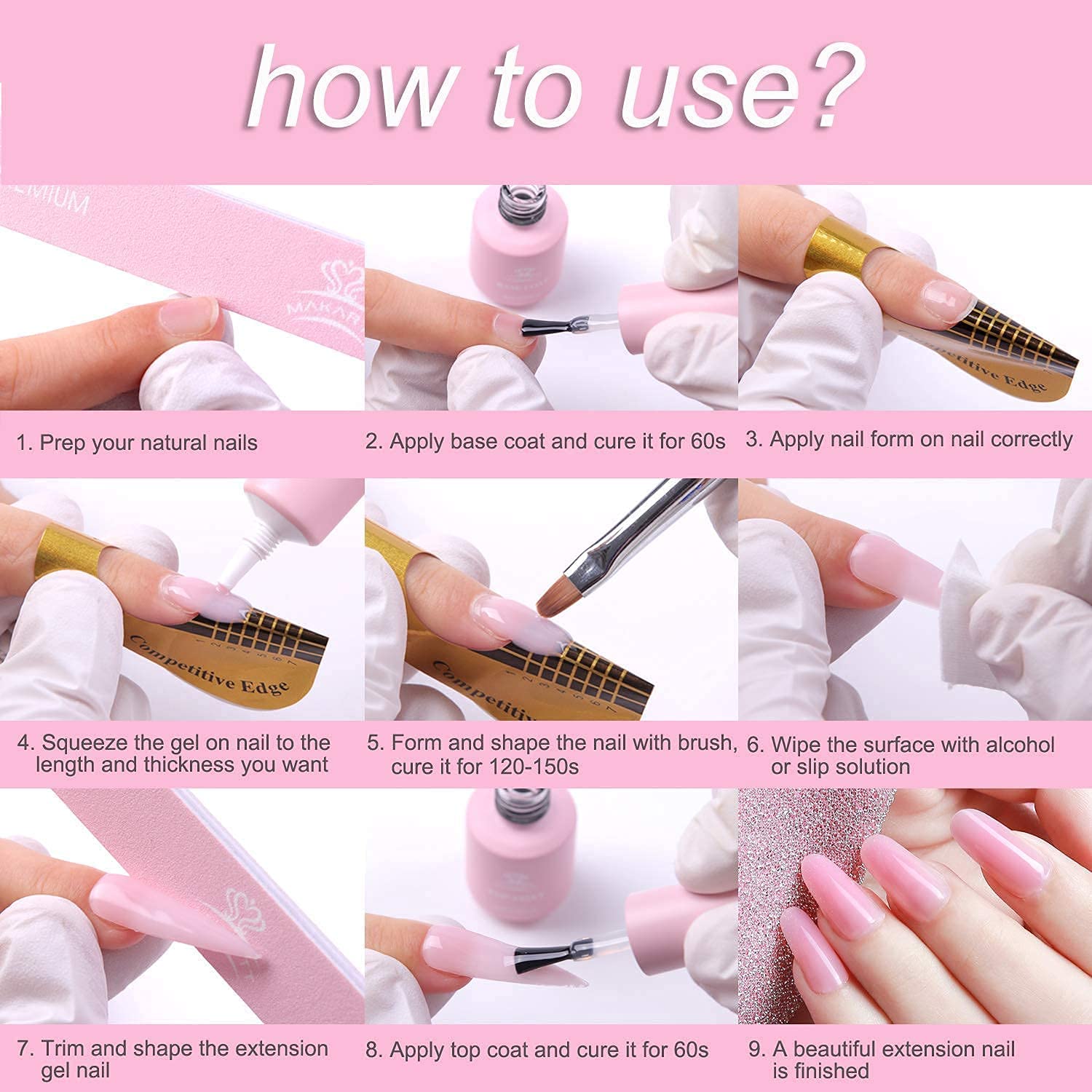 Makartt Kit de extensión de gel Qik para uñas, no se desliza, kit de gel de uñas azul rosa para otoño e invierno, con capa base, capa superior, gel
