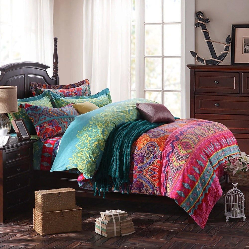 Newrara Textiles para el hogar, juego de cama bohemio, estilo bohemio, juego de ropa de cama bohemio, juego de ropa de cama de pavo real, juego de