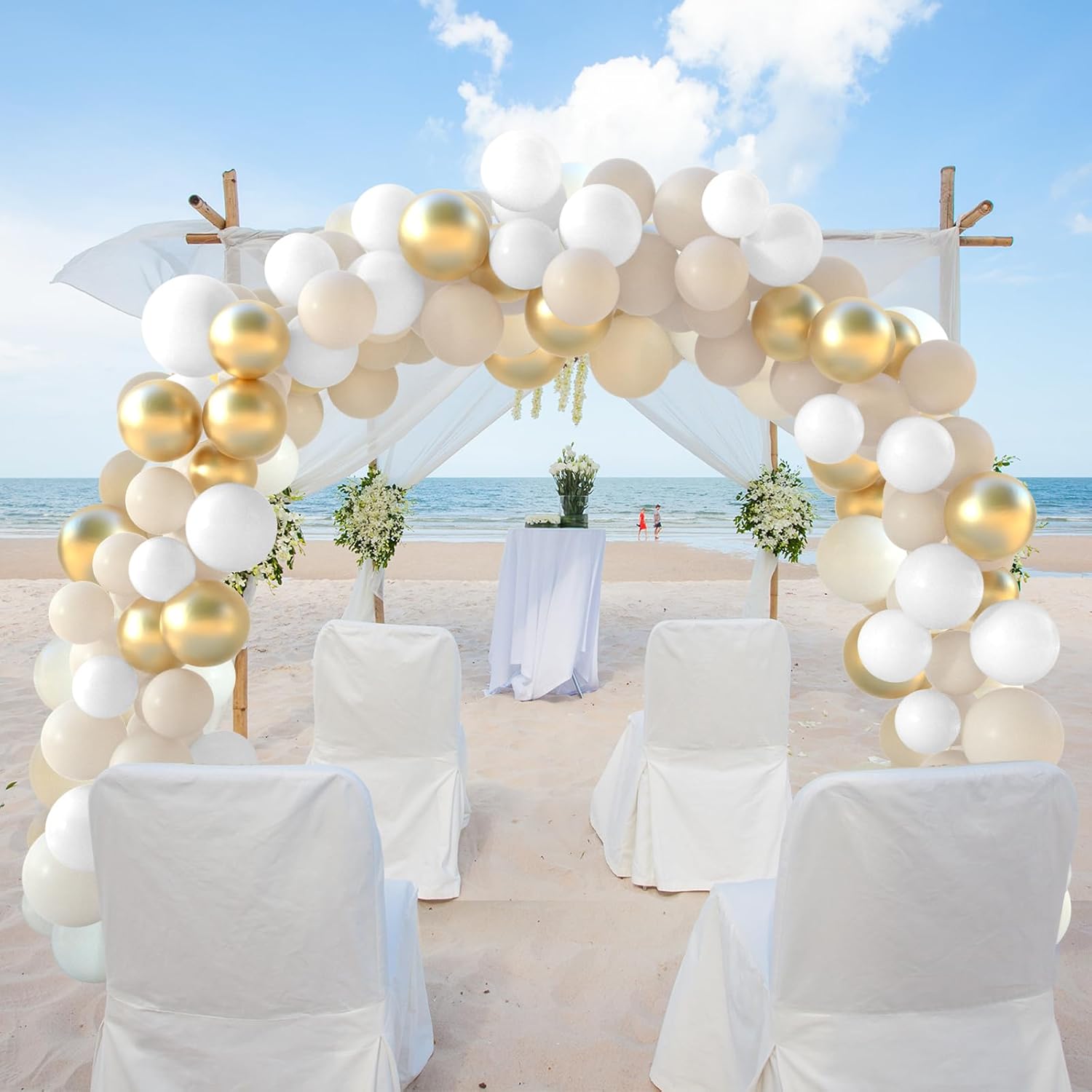 NEBURORA Kit de arco de guirnalda de globos de oro arena blanca, 60 piezas de 12 pulgadas, color blanco arena y dorado metálico para cumpleaños,