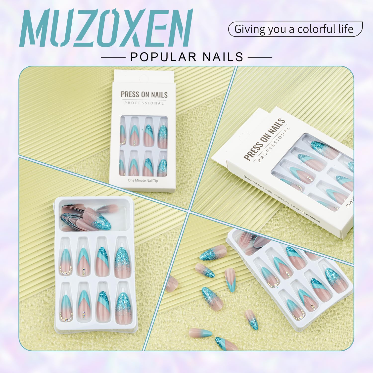 Uñas postizas a presión de punta francesa medianas, uñas postizas de almendra azul degradado con diseños de diamantes de imitación, uñas acrílicas